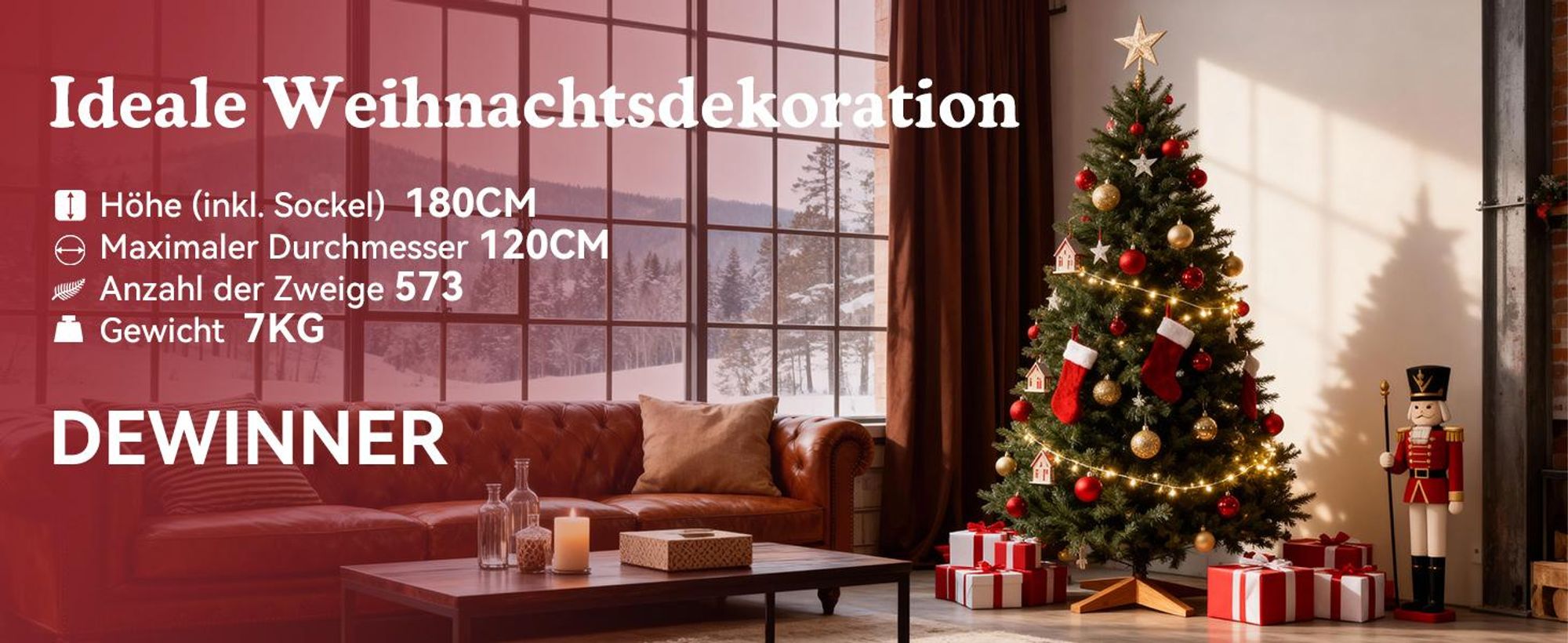 Künstlicher Weihnachtsbaum DEWINNER 180 cm,, Holzständer, Einstellbare PE/PVC-Zweige, Extra Dicht und Realistisch, Einfacher Aufbau