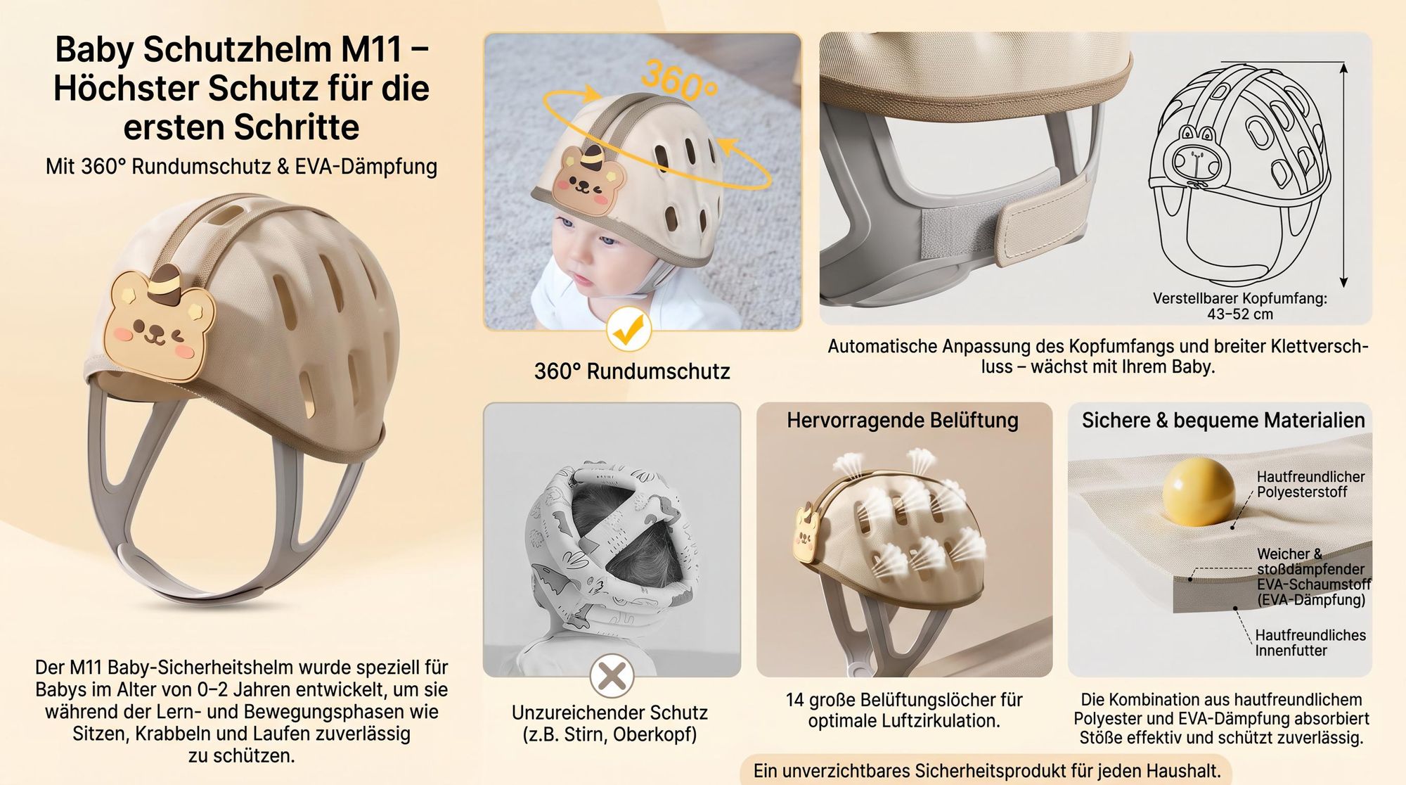 Baby Schutzhelm M11 mit 360° Rundumschutz, verstellbarem Kopfumfang, atmungsaktiv, EVA-Dämpfung