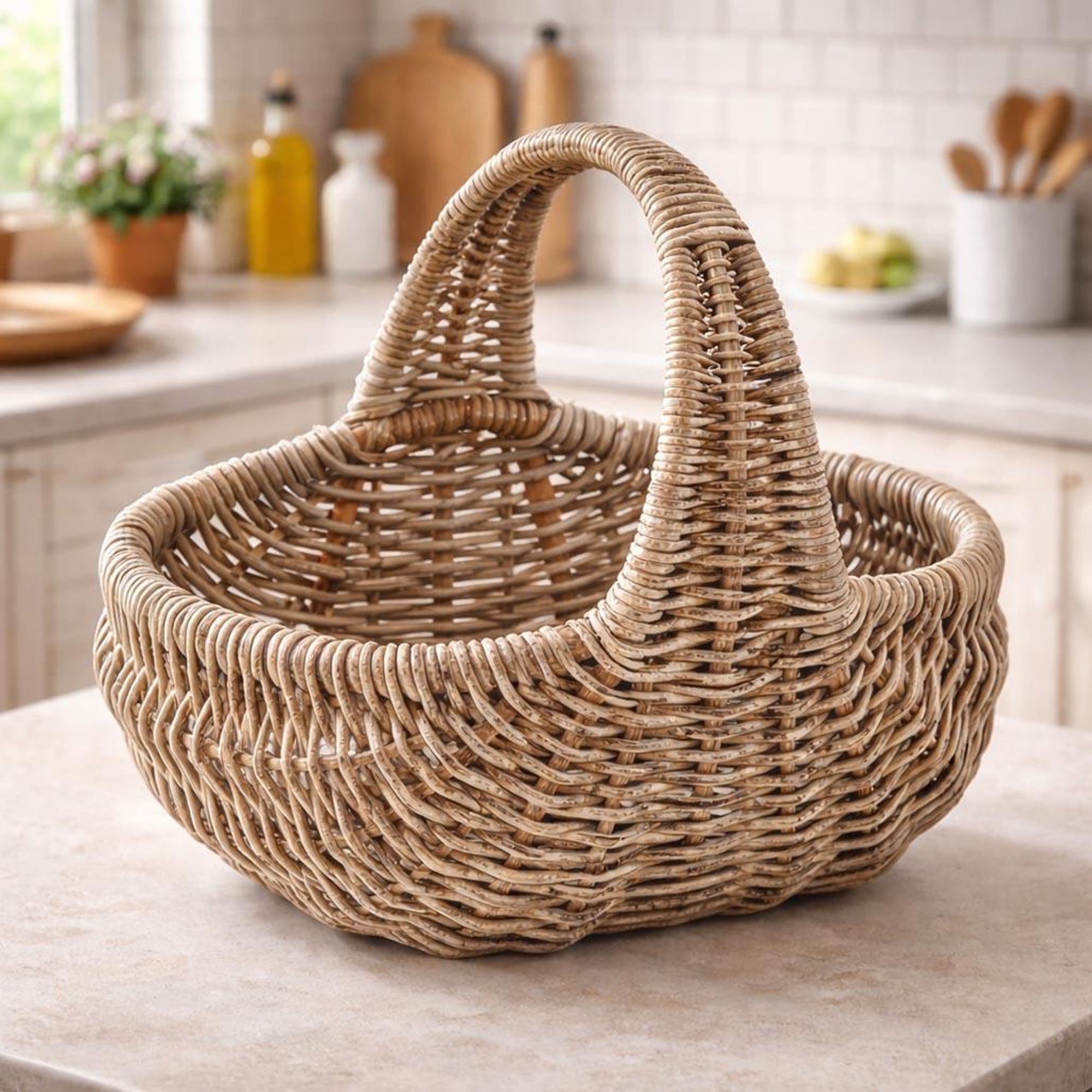 Kobolo Einkaufskorb Korb GIULIA mit Henkel aus Rattan in kubu grey | Korb zum Einkaufen Tragekorb Marktkorb robust Wiederverwendbar Einkaufskörbe Deko