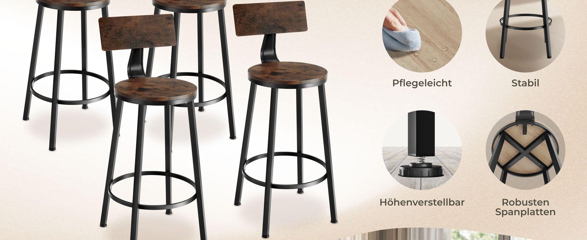 tectake® Set Barhocker Poole Sitzhöhe 73 cm