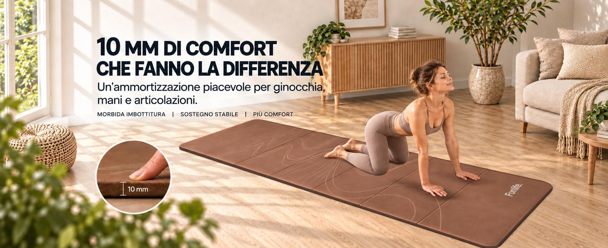 Tappetino da yoga pieghevole FunLife, dimensioni XXL 190x66 cm, spessore 10 mm, antiscivolo, ideale per yoga, pilates, allenamento a casa e attività all'aperto