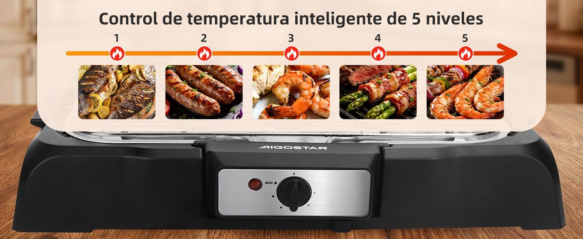 Aigostar - Rauchfreier Tischgrill Barbecue Elektrogrill Elektrischer, Antihaftbeschichtete Grillfläche , Abnehmbarer Fettauffangschale, 2000W