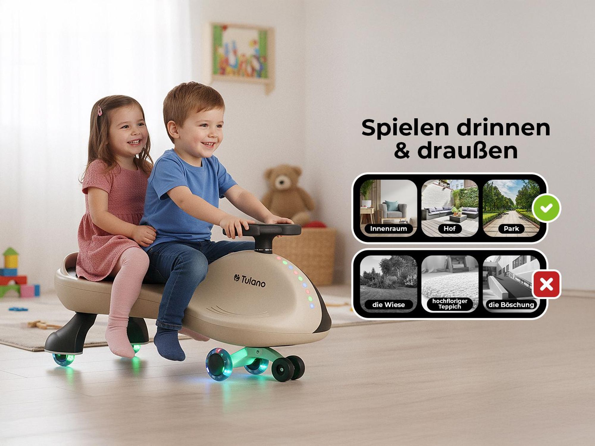 Rutschauto für Kinder Tulano Focus 35 Beige - Gravity Ride-On Fahrzeug mit LED-Lichtern für Kinder ab 3 Jahren - Auto Swing Car Rutscher