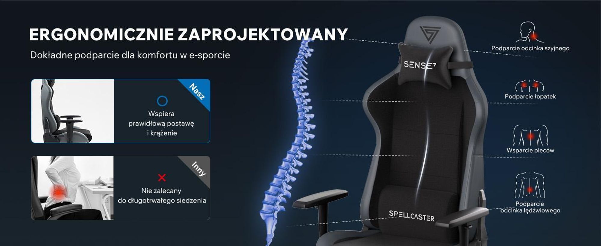 Fotel gamingowy SENSE7 Spellcaster FUKU z Alcantary, biało-szary – ergonomiczny fotel biurowy, fotel przy biurko, nośność do 150 kg, funkcja kołysania, kółka, fotel kierowniczy