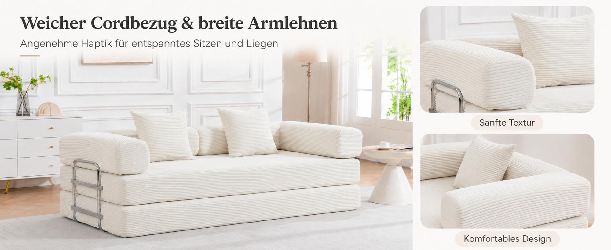PixelPilot Schlafsofa 2-Sitzer aus Cord, ausklappbar, modular & montagefrei, weich und robust für Wohnzimmer