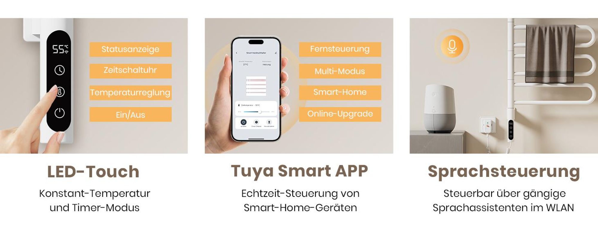 EMKE Handtuchwärmer Elektrisch 780 x 430 x 90mm 130W drehbar U-Rohr Intelligent Touch LCD Tuya Alexa Badheizkörper Weiß Heizkörper