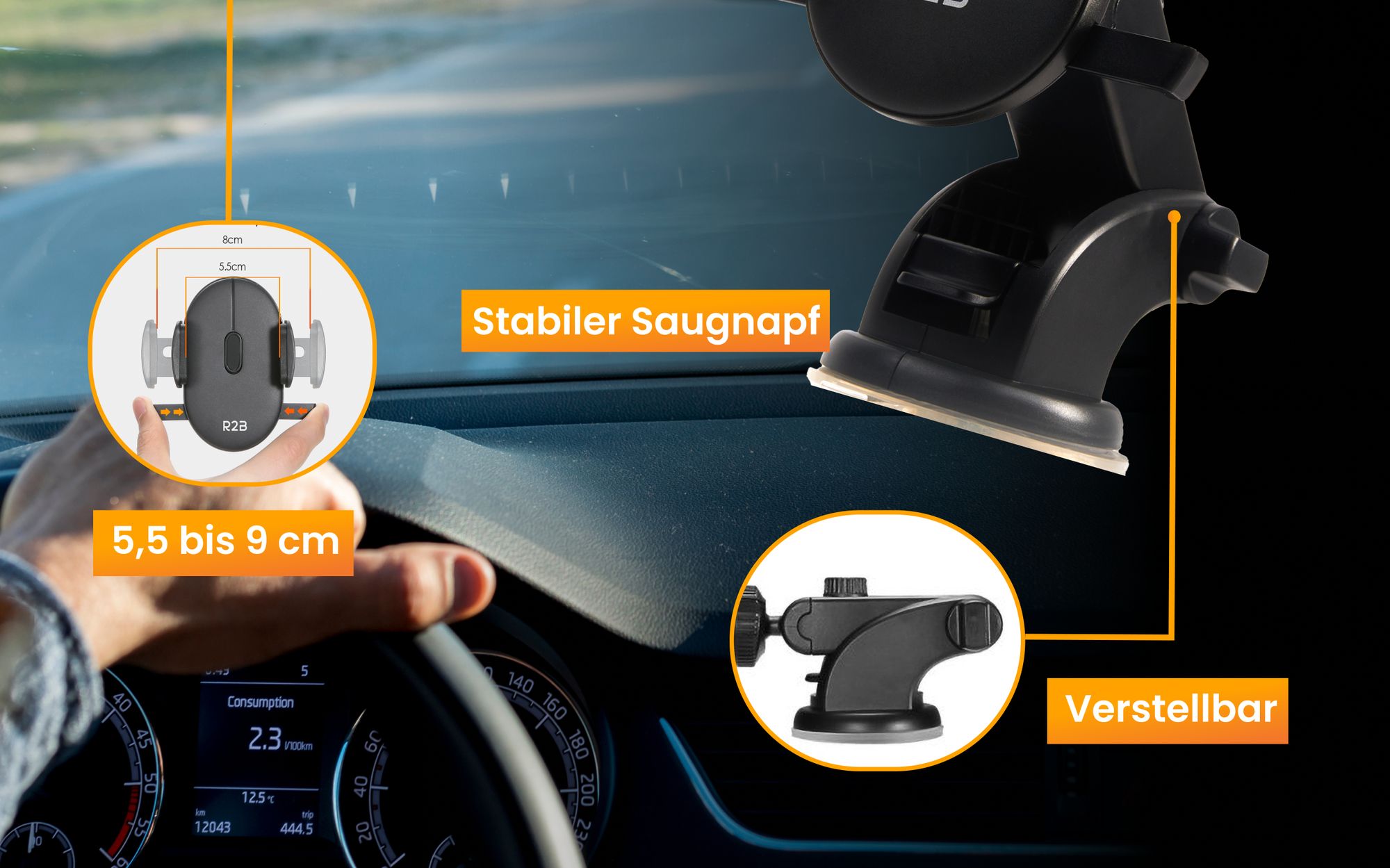 R2B Handyhalterung Auto Saugnapf -  iPhone halterung, KFZ-Halterung, Für Fenster und Armaturenbrett, 360-Grad-Drehfunktion