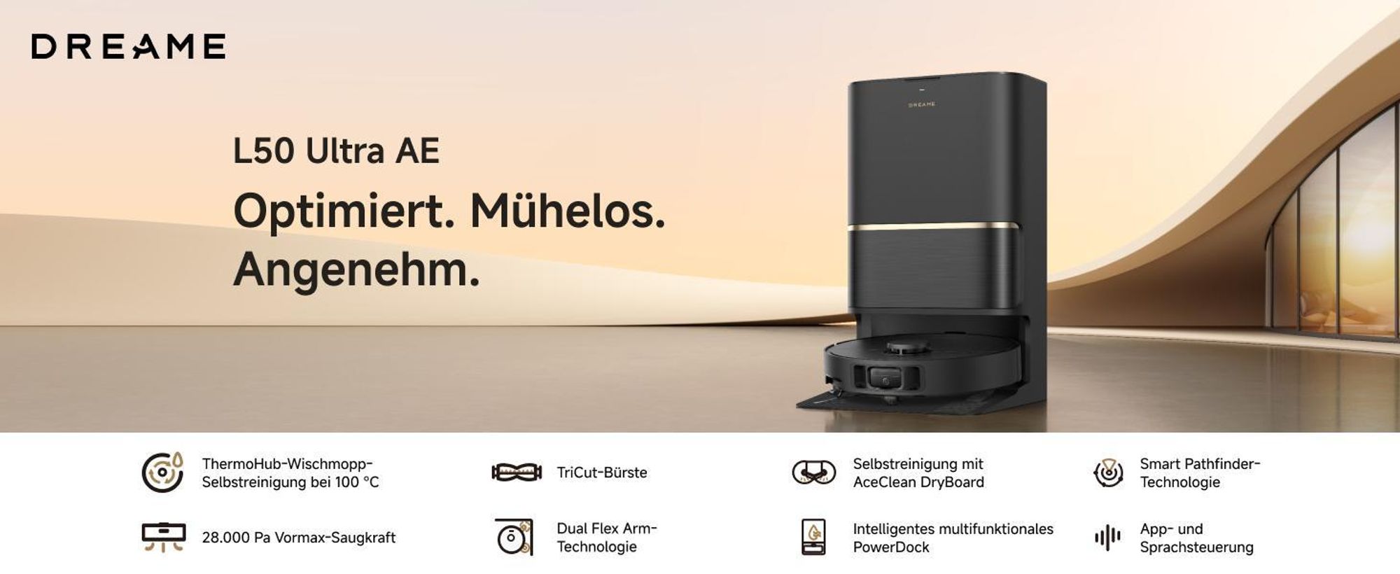 Dreame L50 Ultra AE Saugroboter mit Wischfunktion,28.000Pa Saugleistung,Automatische Entleerungsstation,Ausziehbare Seitenbürste,DryBoard,Schwarz