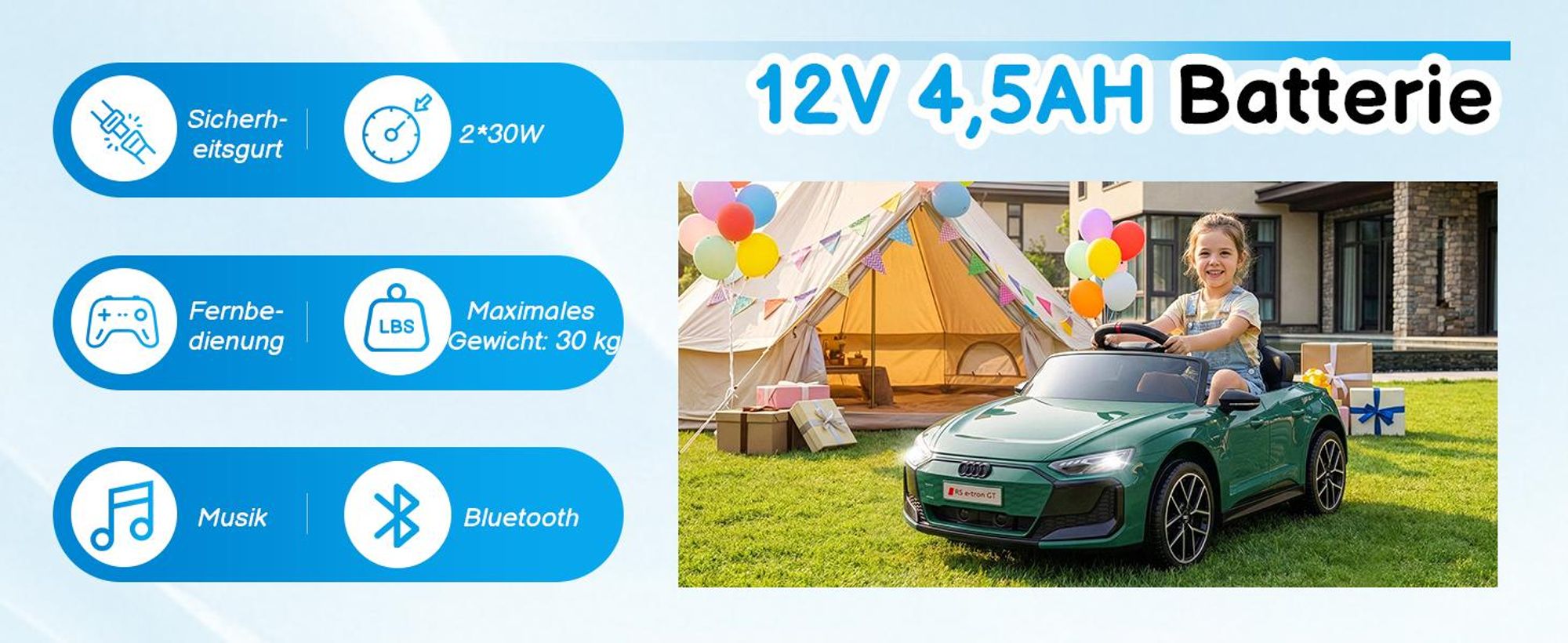 Kinder-Elektroauto 12V 4,5Ah, 2 Geschwindigkeitsstufen, 2,4G-Fernbedienung, geeignet für Kinder von 3 bis 5 Jahren, Audi RS e-tron GT,Dunkelgrün