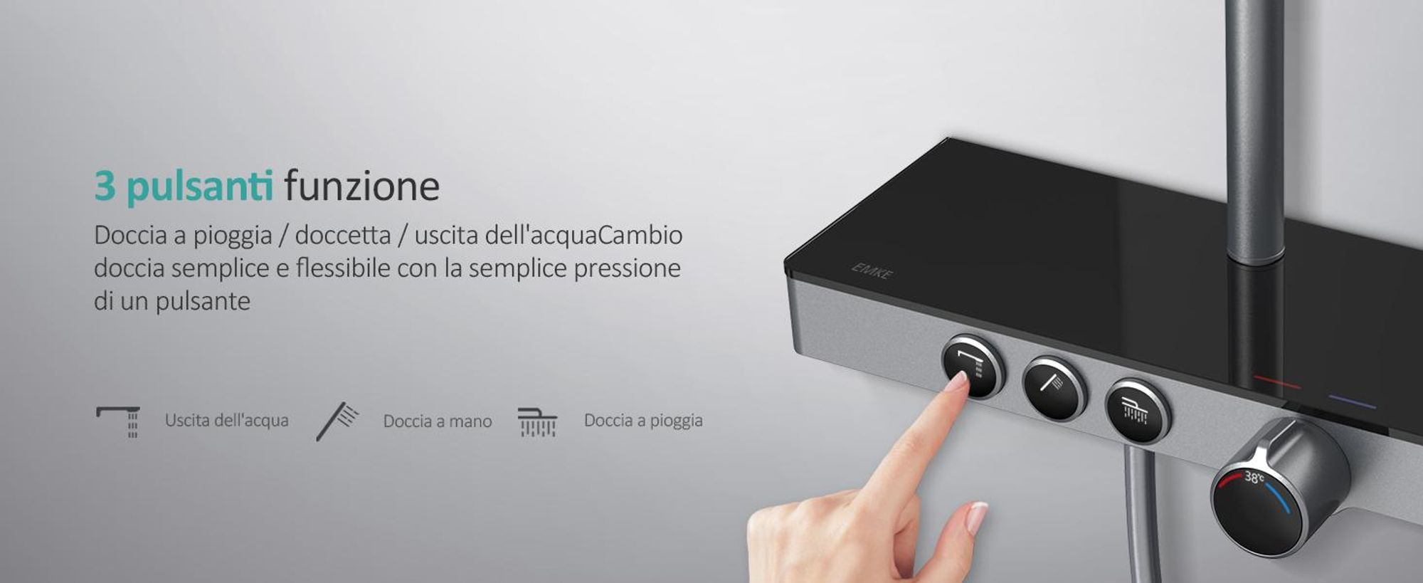 Sistema doccia EMKE con termostatico mensola in vetro doccetta 3 modalità di getto doccia a pioggia, rubinetteria per vasca e doccia,  KTW, grigio - F09