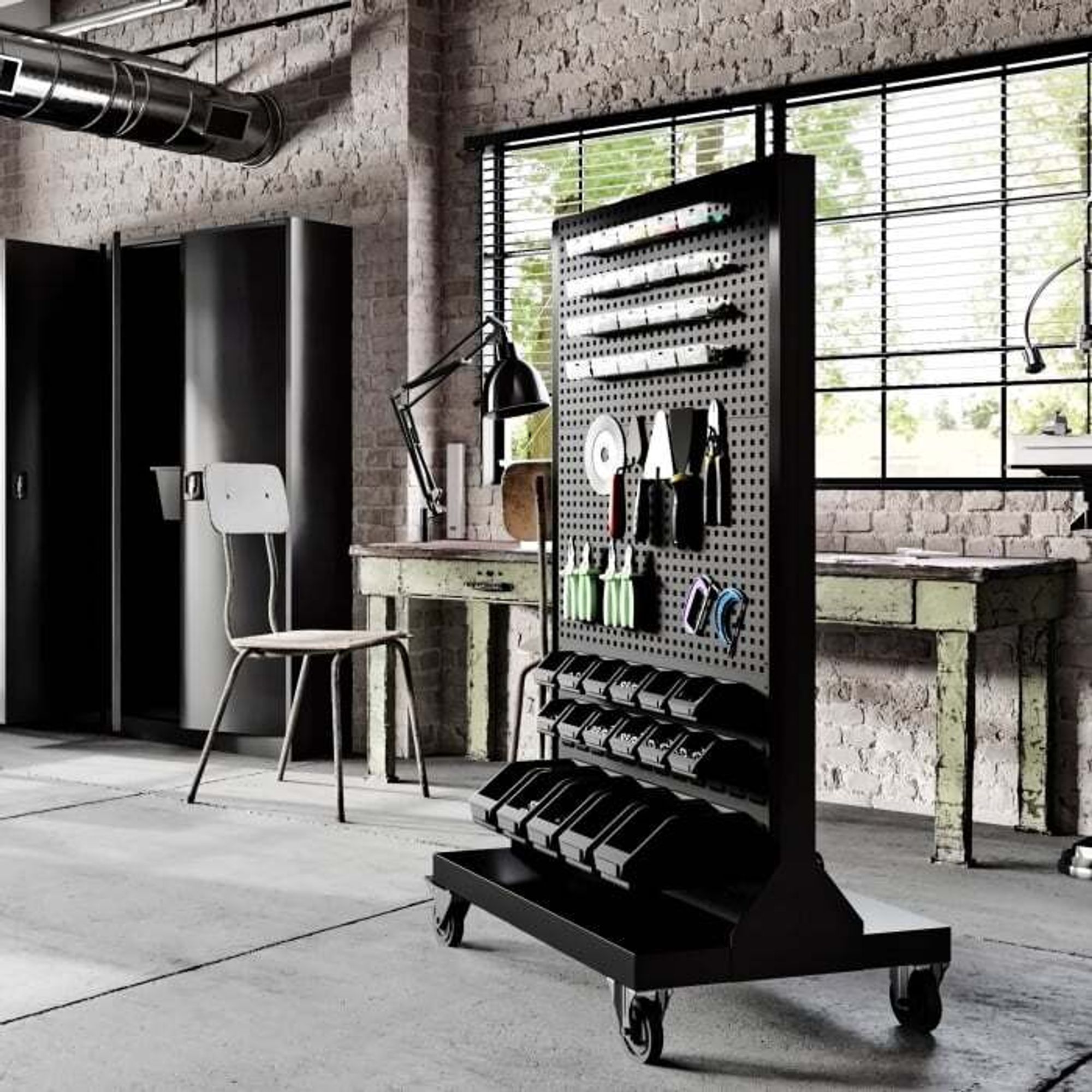 Werkstattwagen Werkzeugwand U04 Werkzeuglochwand für Garage Werkstatt Pulverbeschichtung Mobil 155,5 cm x 96,5 cm x 61 cm (H x B x T), Farbe: Schwarz
