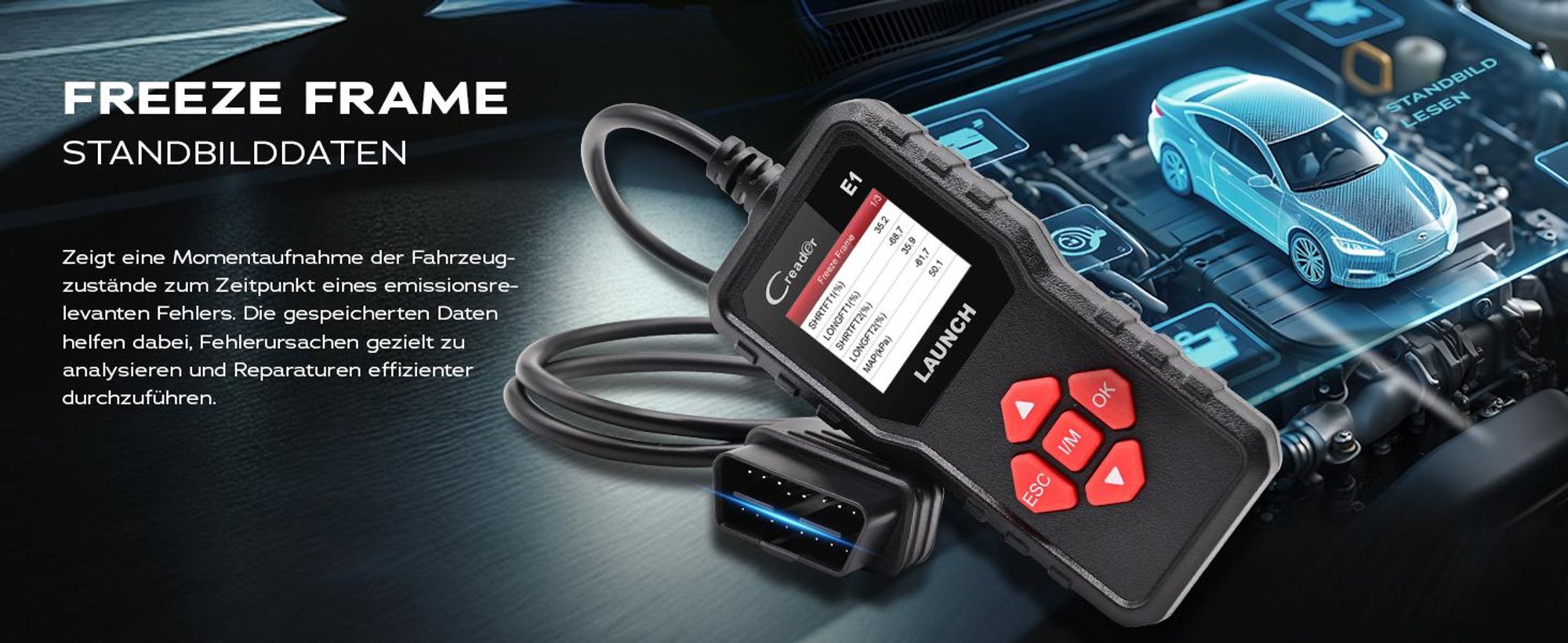 LAUNCH Creader E1 OBD2 Diagnosegerät Auto,Fehlerauslesegerät für Motor & Abgas,liest & löscht Fehlercodes, zeigt Live-Daten & I/M-Bereitschaft