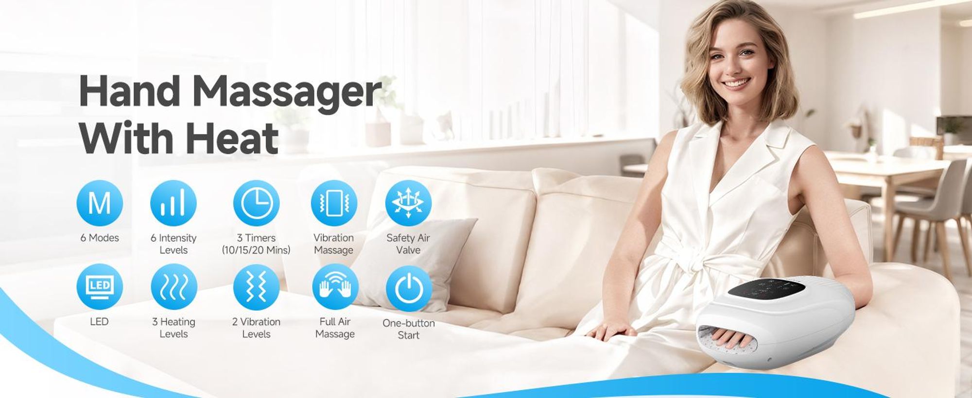 Handmassagegerät mit Wärme-, Kompressions- und Vibrationsfunktion, 2 Vibrationsmodi, 6 Massageprogramme, 6 Intensitätsstufen