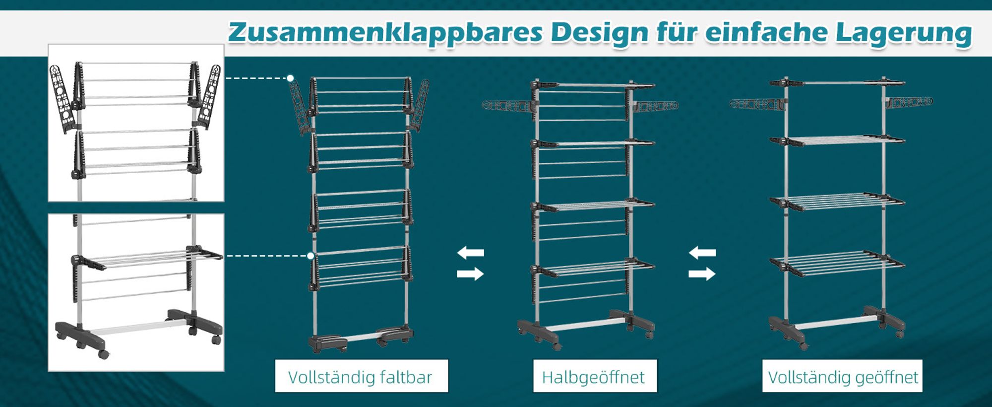 HOMCOM Wäscheständer Turmwäschetrockner 4 Ebenen klappbar höhenverstellbar Grau