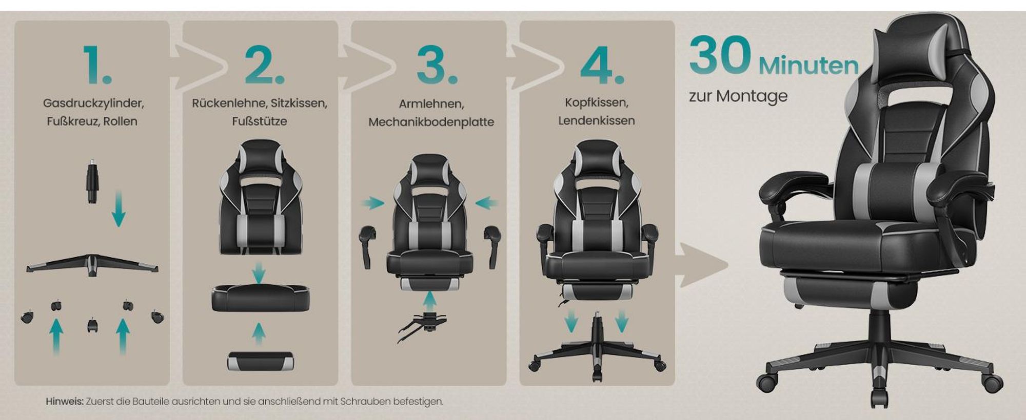 SONGMICS Schreibtischstuhl, ausziehbare Fußstütze, tintenschwarz-taubengrau
