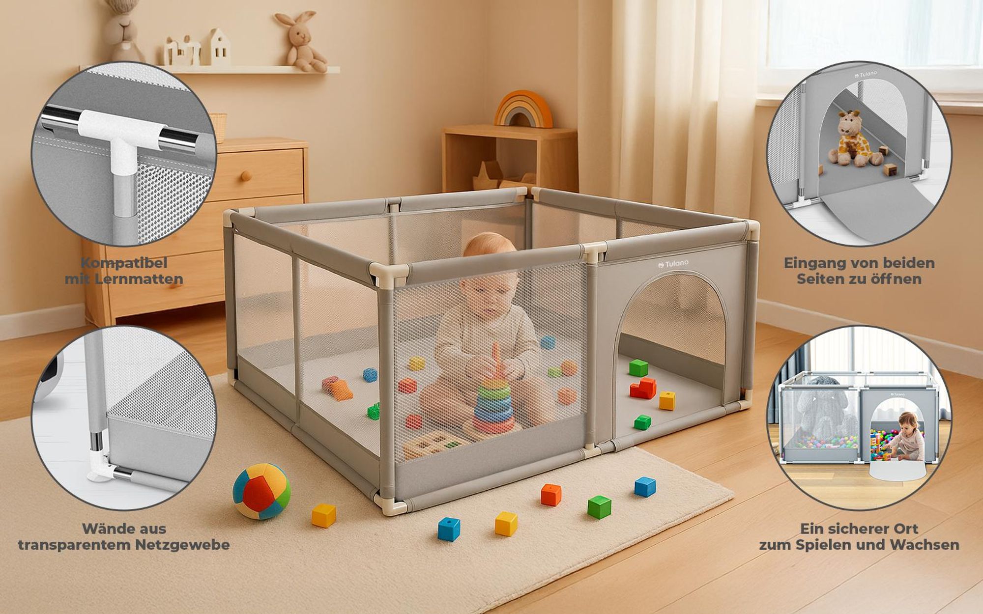 TULANO Cozy 20 | Laufgitter für Baby Kleinkinder Krabbelgitter Laufstall | Indoor Outdoor | Reißverschluss | Atmungsaktivem Netz | 130x130cm | Grau