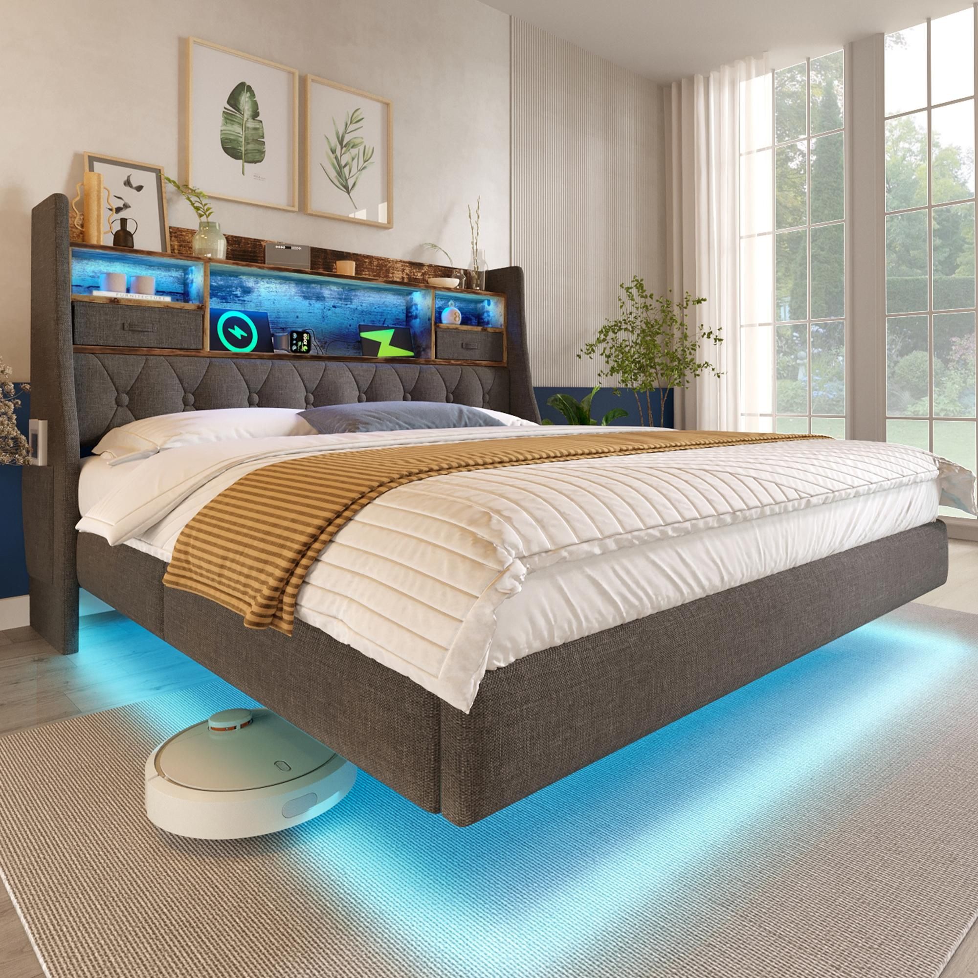 Flieks Polsterbett 160x200cm mit USb & Type-c, Doppelbett Jugendbett mit Led, Holzbett Stauraumbett mit Ablagen und Schubladen, Leinen, Grau