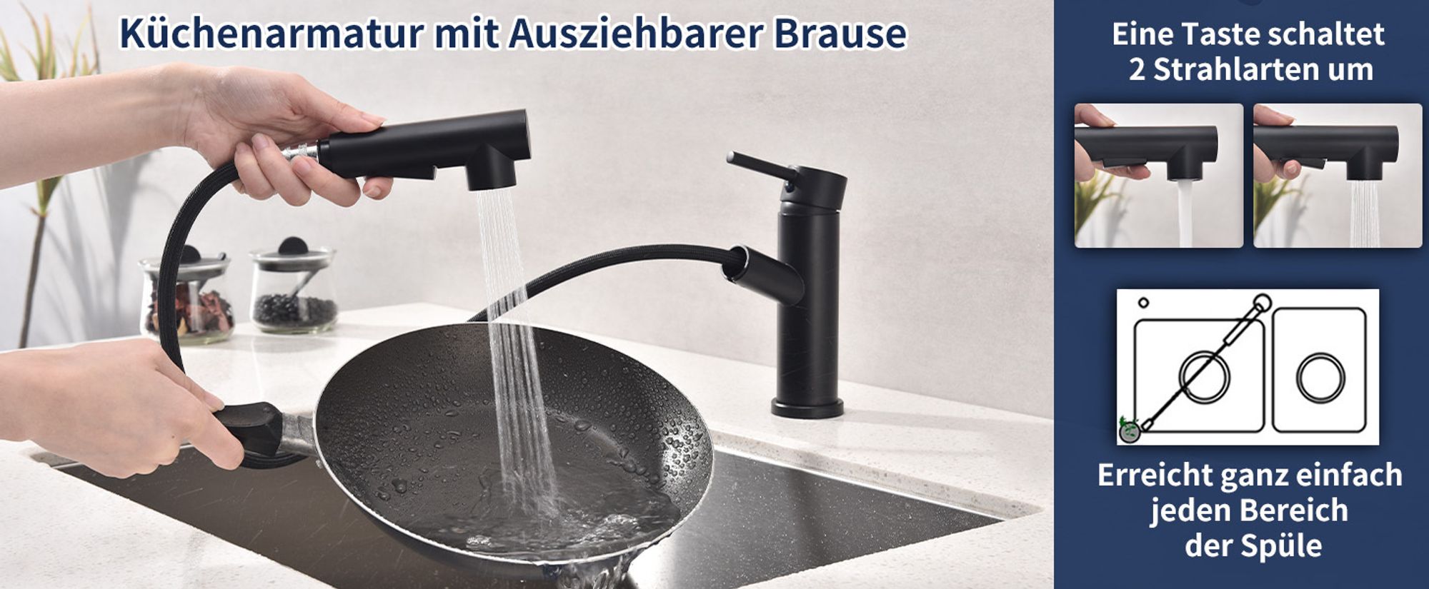 Homelody Schwarz Wasserhahn Küche,Küchenarmatur Zwei Sprühfunktionen,Küchenarmaturen Einhebel,Mischbatterie Armatur 360°Schwenkbar,Küchenarmaturen