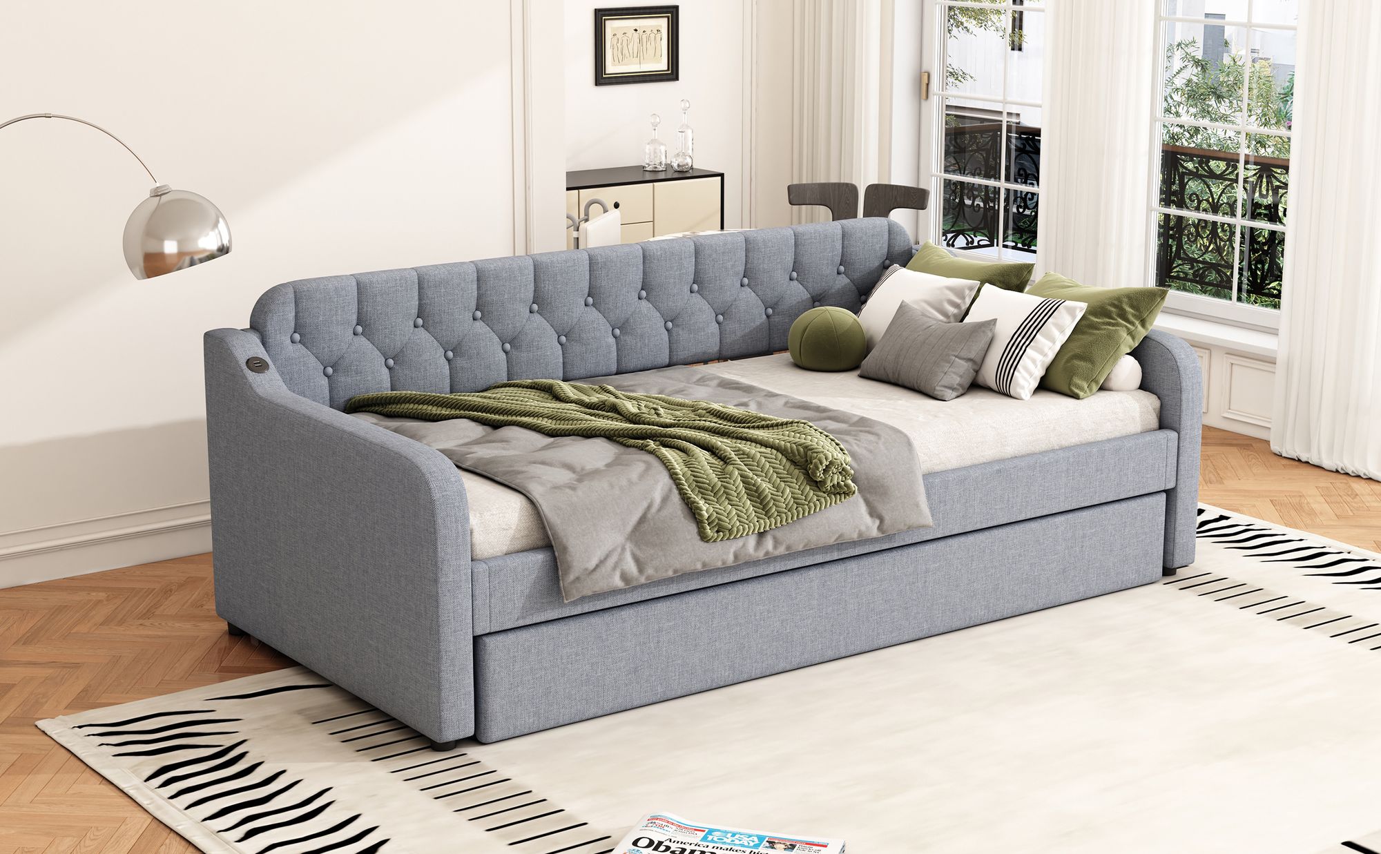 Merax Tagesbett 90x200cm/180x200cm Ausziehbett, Erweiterbares Schlafsofa mit USB und Lattenrost, Leinen Polsterbett Kinderbett Sofabett, Grau