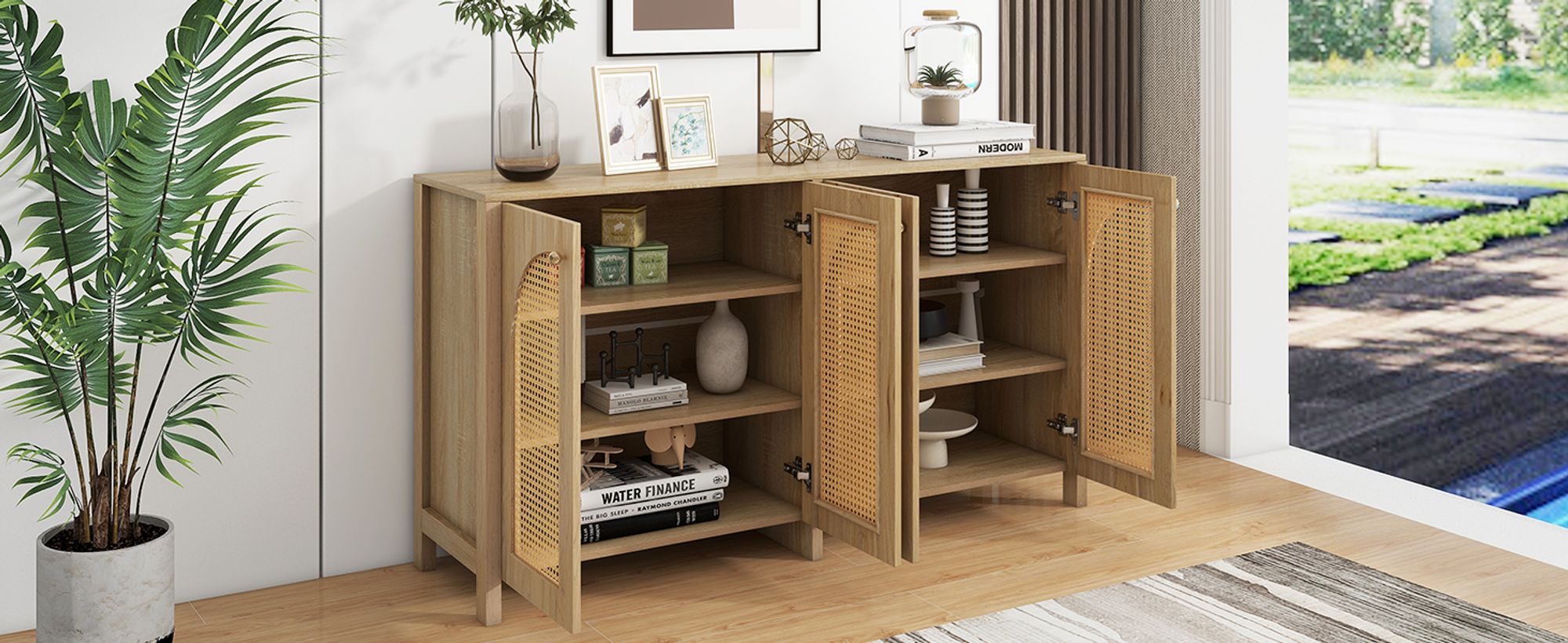 Merax Sideboard mit verstellbaren Einlegböden, Kommode mit Rattantüren, Anrichte für Wohnzimmer, 145x80x40cm, Natur