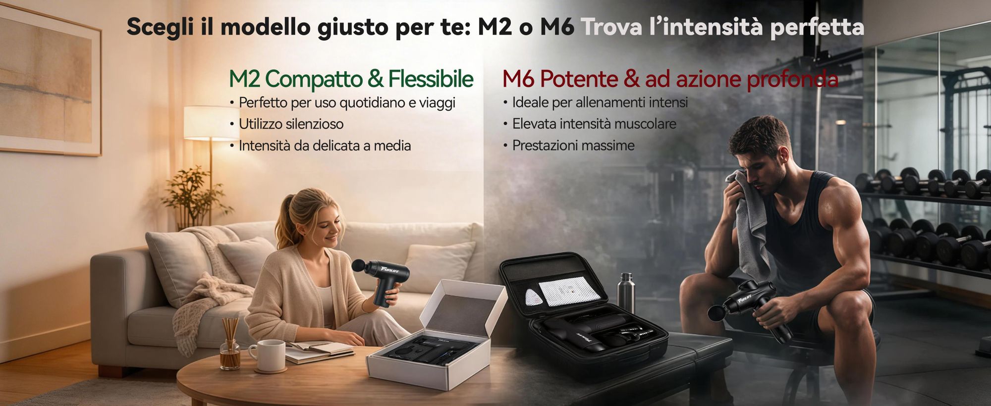 Pistola massaggiante e per il rilassamento muscolare FunLife M2 Mini, con corsa di 12 mm, 6 livelli di intensità, 4 testine di massaggio, connettività USB-C, funzionamento silenzioso (<45 dB) e peso di soli 0,5 kg, colore verde menta