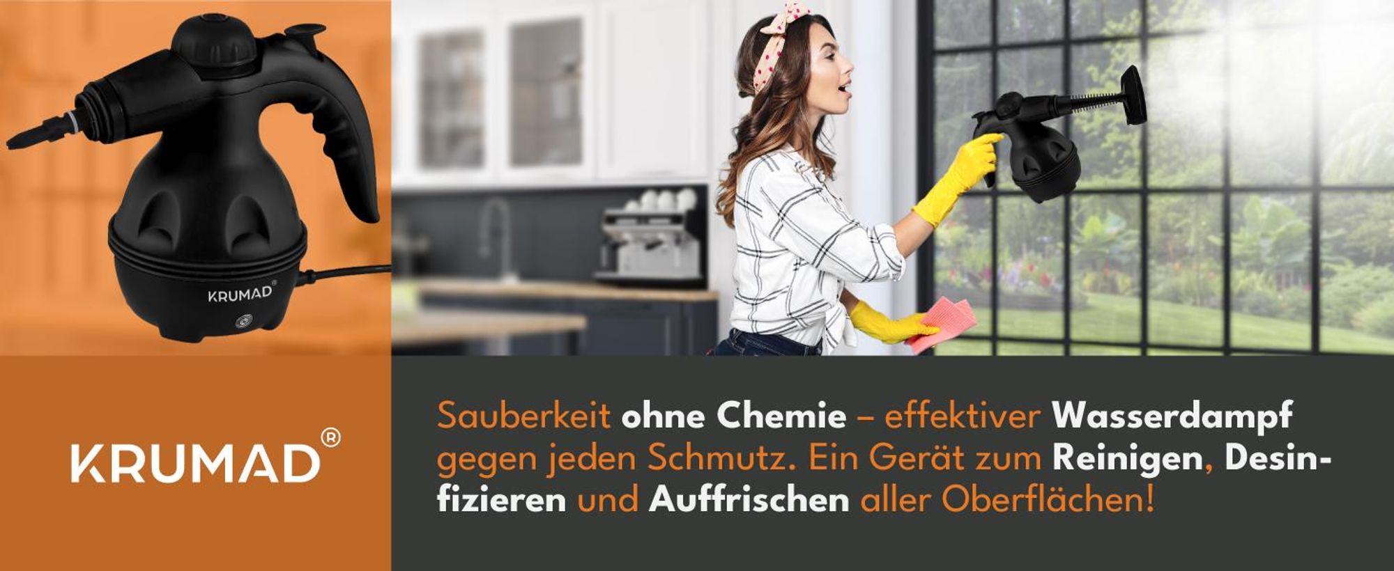 KRUMAD Hand-Dampfreiniger 1000 W – 13-teiliges Set mit Bürste, kompakter Dampfreiniger für Küche, Bad, Fenster, Fugen & Polster