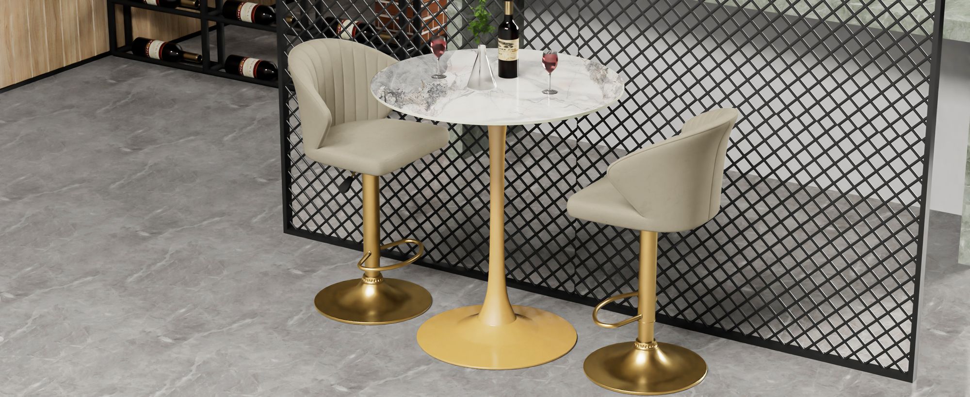 WISFOR Runder  Bartisch Esstisch Stehtisch Küchentisch Esszimmertisch aus Marmor Esszimmer 76x76x100 cm Bistrotisch Gold