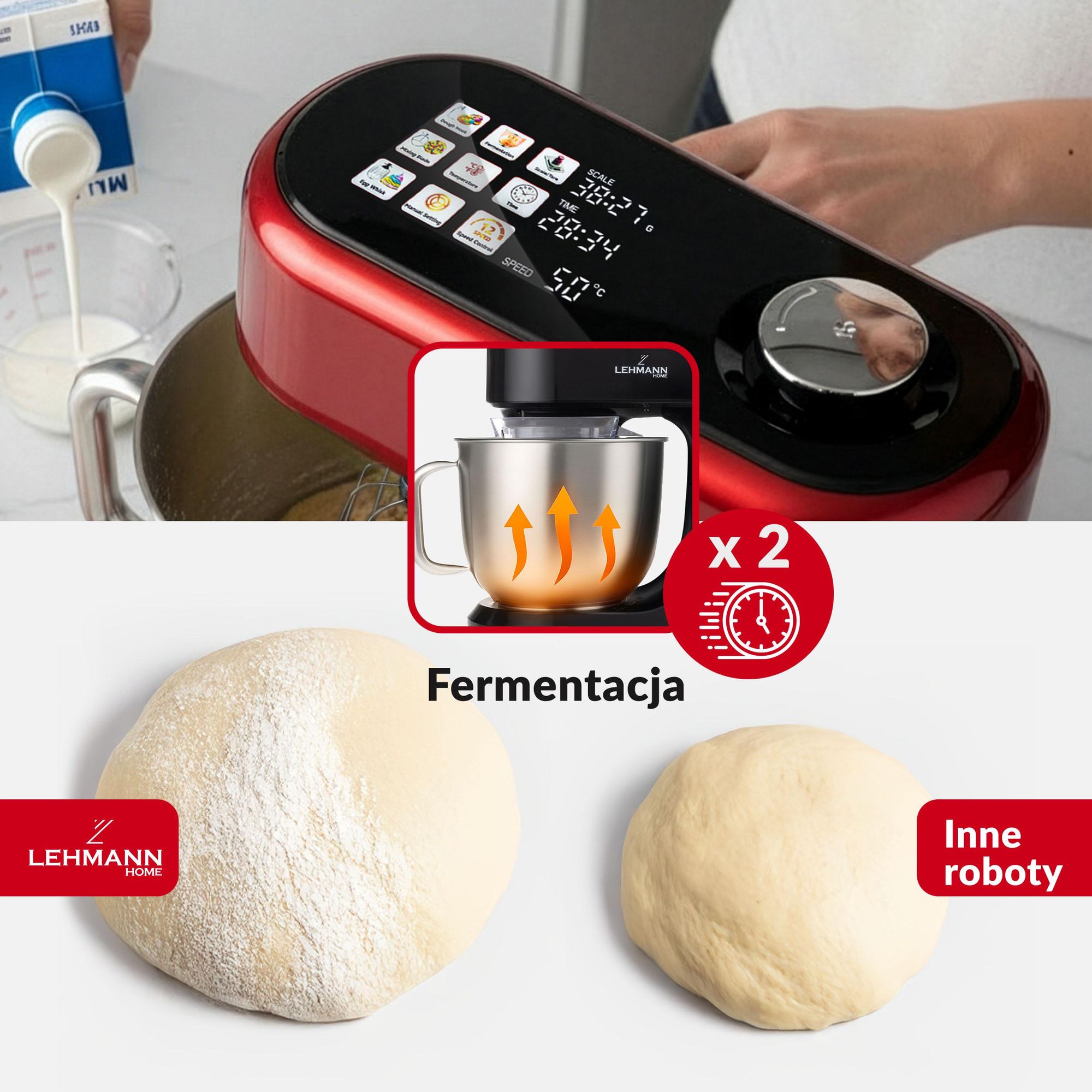 Lehmann Aristo Czerwony – Robot kuchenny 1500W, misa 5L, 12 biegów, wyświetlacz LCD, funkcja fermentacji, waga, BPA Free, 4 programy, LHOPM-1505-F