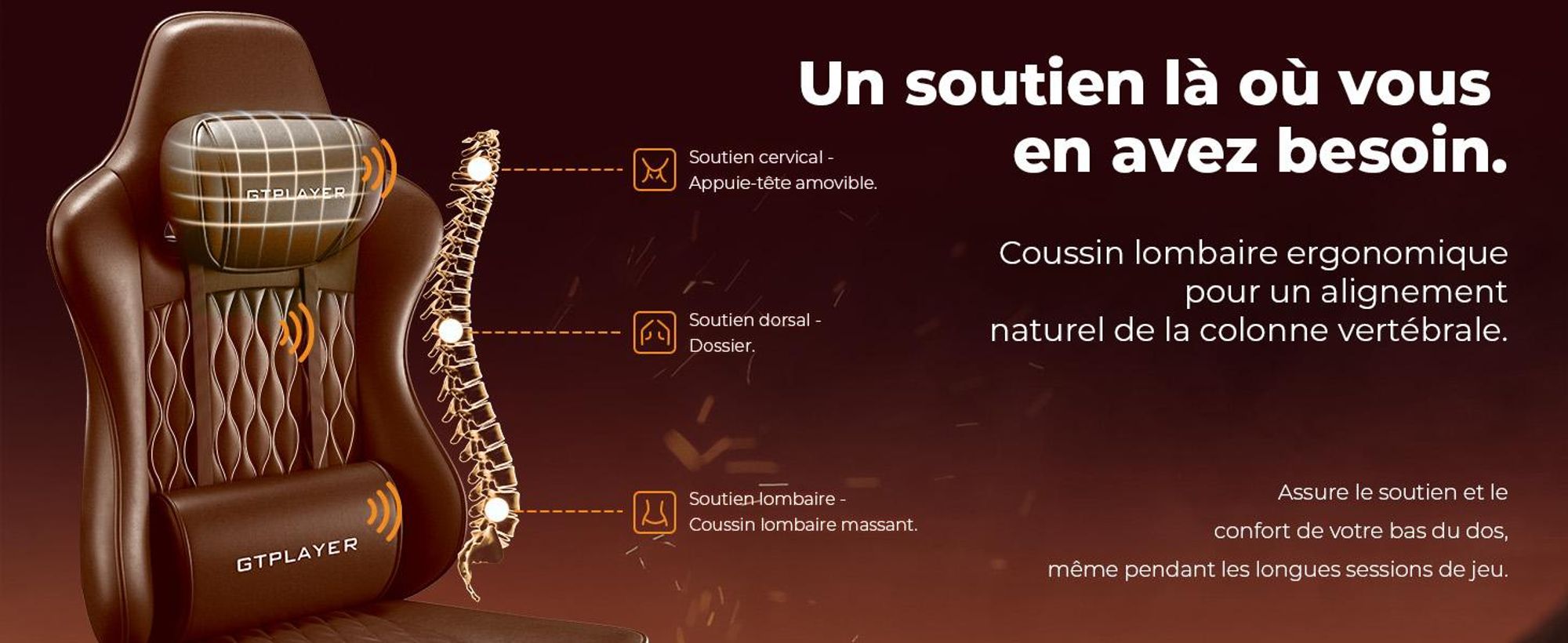 Fauteuil gaming GTPLAYER, fauteuil de bureau, fauteuil PC ergonomique, fauteuil pivotant réglable en hauteur, accoudoirs avec mécanisme synchrone, coussin lombaire, appui-tête