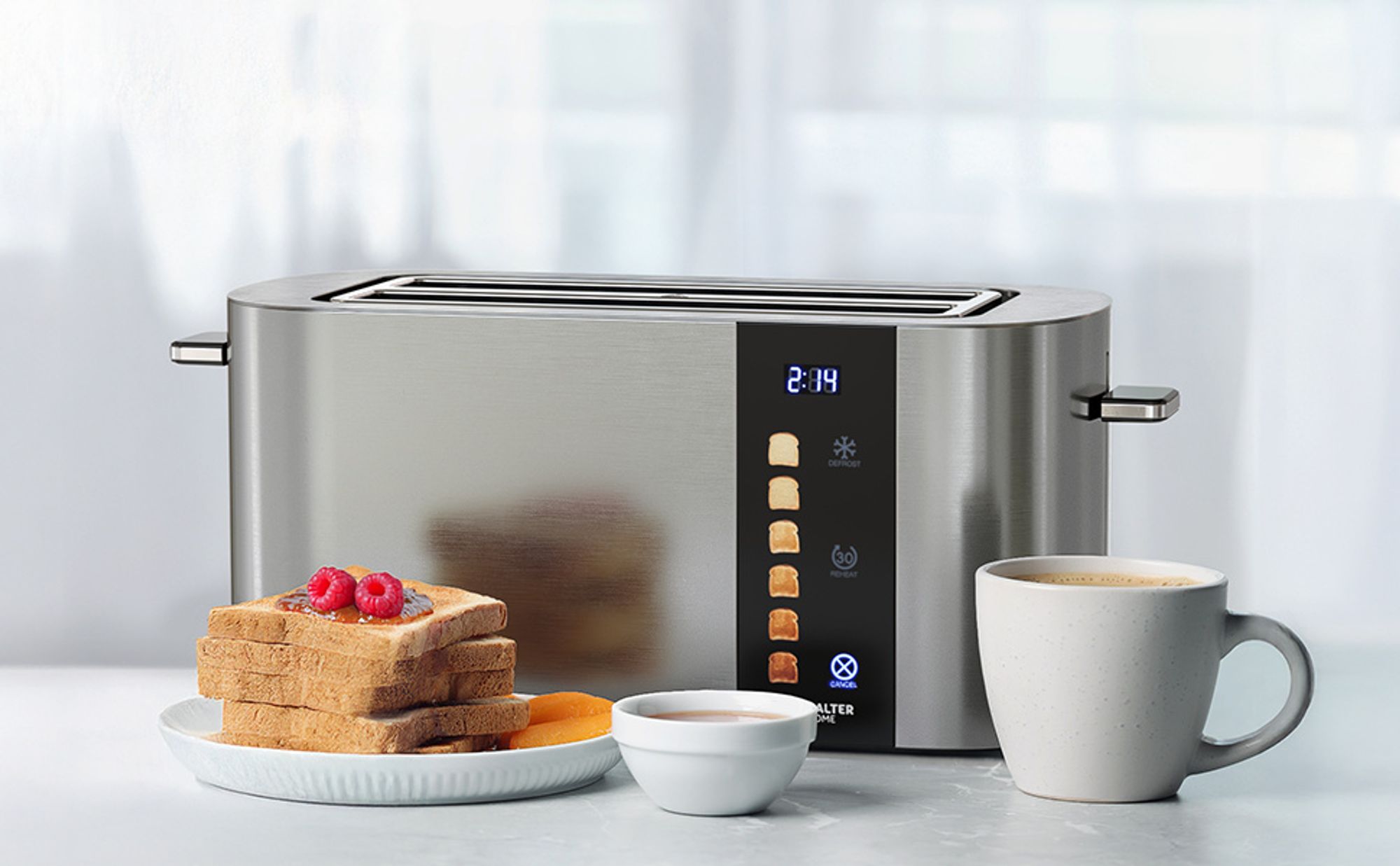 Balter Toaster 4 Scheiben, Edelstahl, Langschlitztoaster mit Brötchenaufsatz, 1400W, LCD Display, Defrost-/Aufwärmfunktion, Krümelschublade, Silber