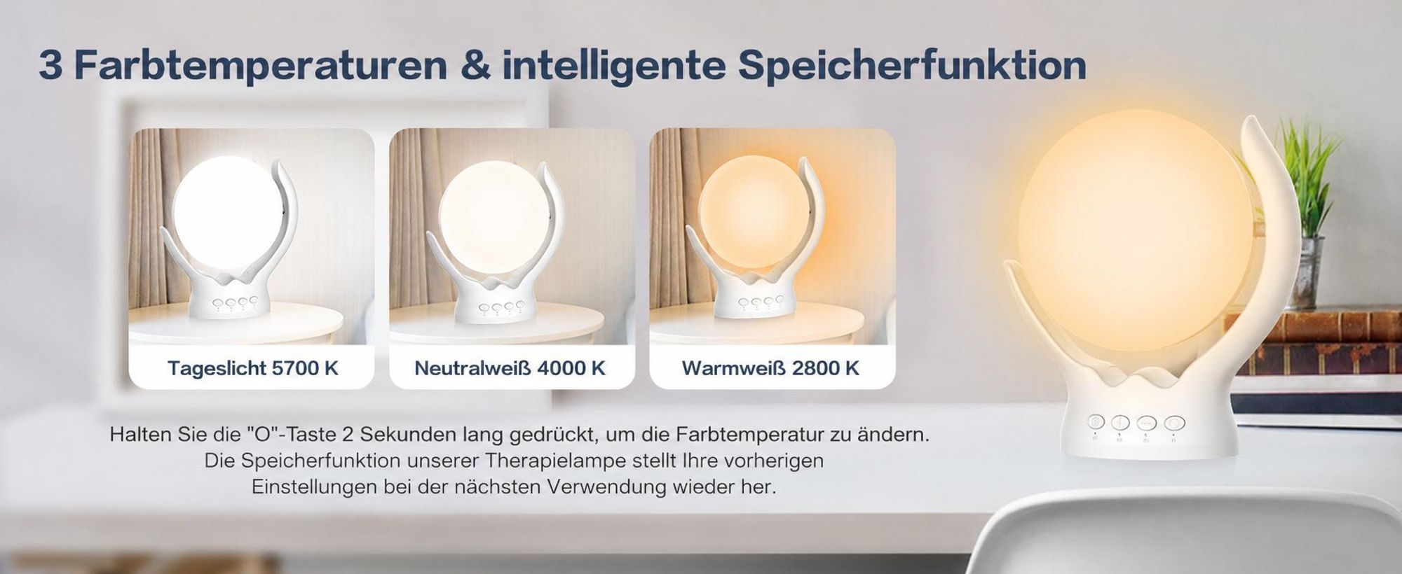 Stufenlos dimmbare Lichttherapielampe,UV-frei, 10.000 Lux, Therapielampe, rotierende Lichttherapielampe mit 5 Helligkeiten, 3 Farbtemperaturen, timbar