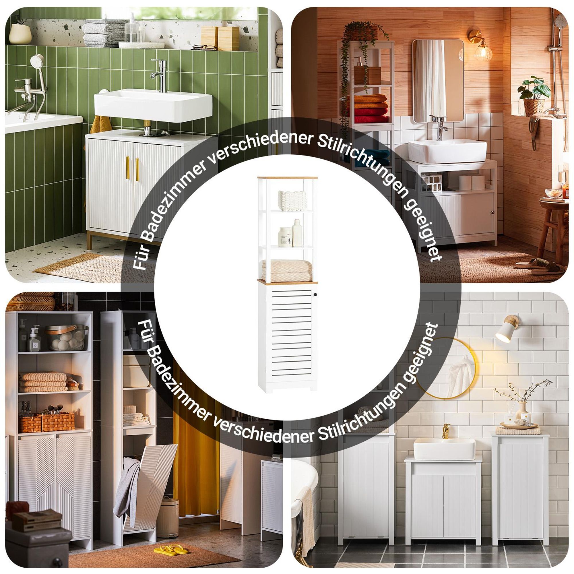 SoBuy Badezimmerschrank hoch und schmal Bad Hochschrank mit Lamellentür und offenen Fächern, platzsparender Badschrank, Weiß-Natur BZR43-W
