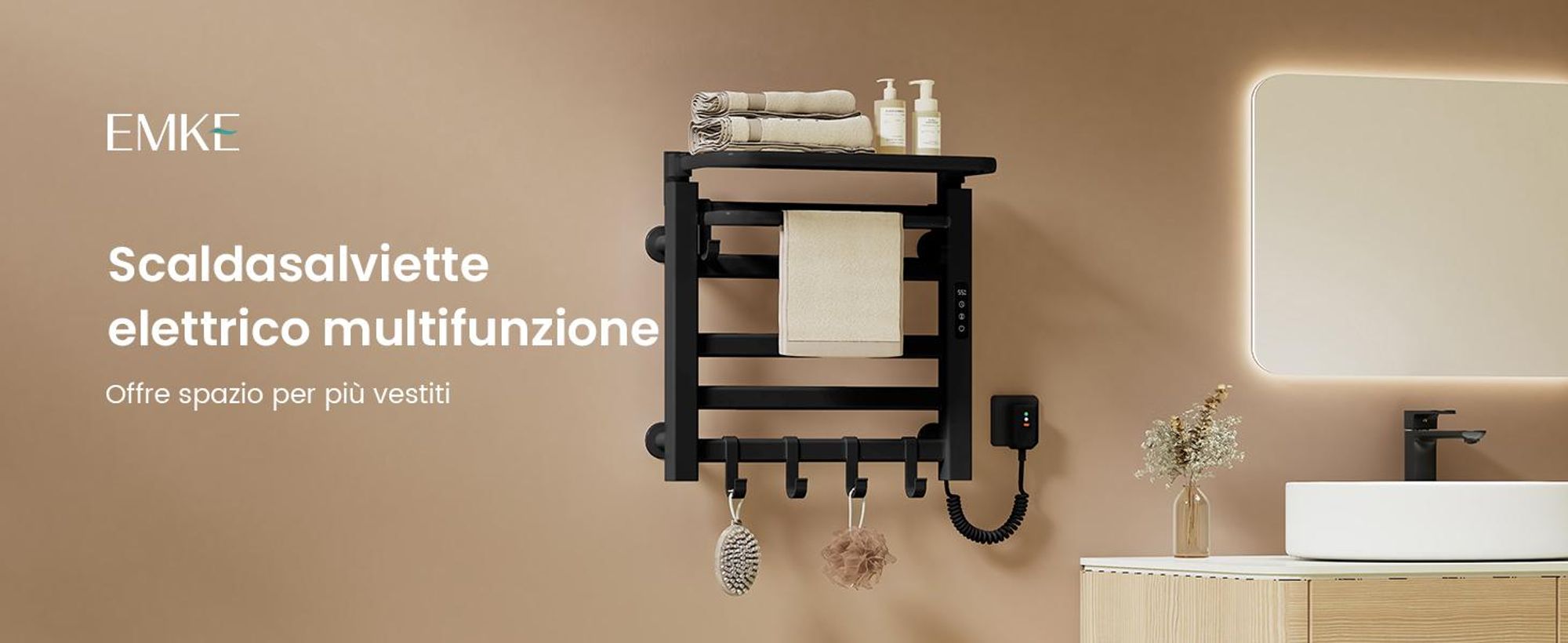 EMKE Scaldasalviette elettrico 500x500 mm, 140W, doppia fila, tubi piatti, ripiano e ganci, WiFi Tuya Alexa, nero opaco