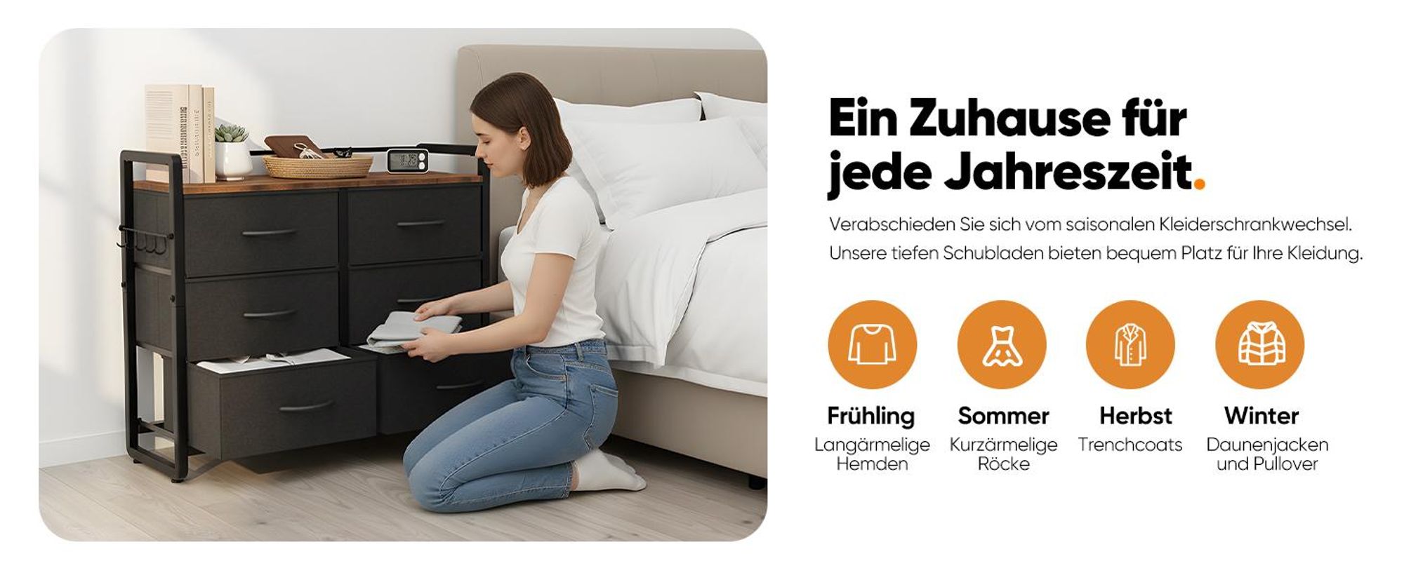 HOKEEPER Kommode, Kommoden mit 6 Schubladen aus Stoff, Schrank für Schlafzimmer, Chest of Drawers Wohnzimmer mit Stabiler Stahlrahmen, Holzplatte