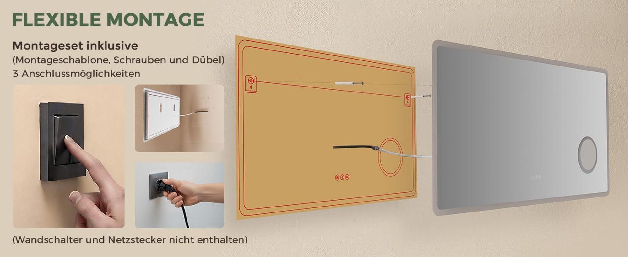 S'AFIELINA Badspiegel mit Beleuchtung und Bluetooth 5.3, 120 × 60 cm, 3× Kosmetikspiegel, Antibeschlag, 3 Lichtfarben, dimmbar, Touch & Memory