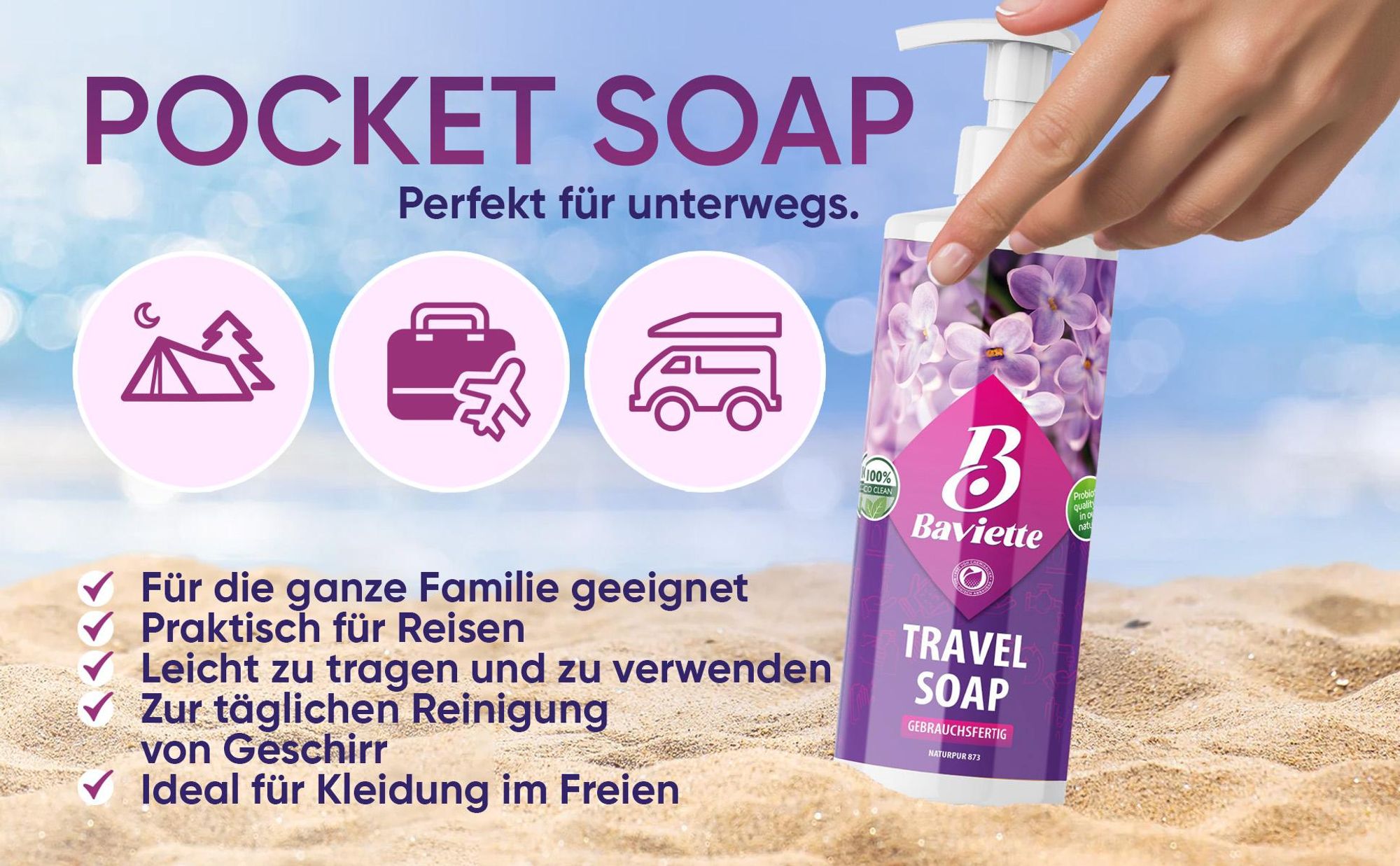 Baviette Eco Travel Soap 50 ml – kompakte Reise-Seife mit Mikroorganismen für Hände, Geschirr & Wäsche unterwegs