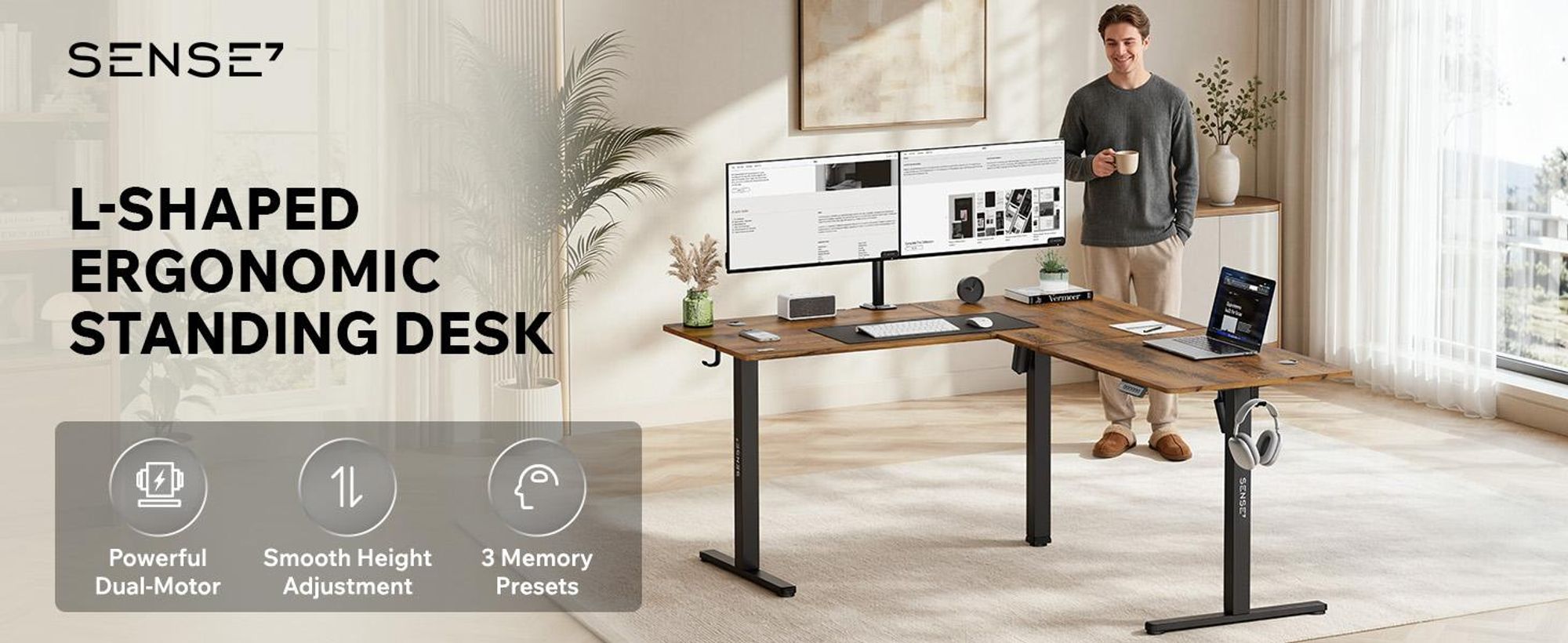 SENSE7 NOJO, rohový písací stôl, model Light Corner, elektricky nastaviteľná výška, rozmer 160x140, tvar L, stojací pracovný stôl, dvojitý motor, vzhľad dreva, tmavohnedá a čierna farba