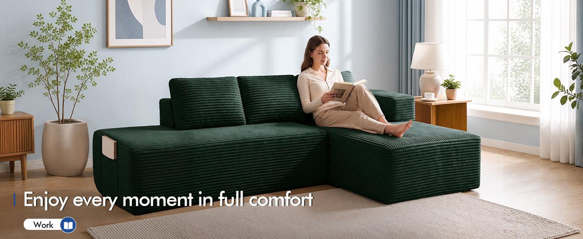 COMHOMA, narożna sofa z funkcją spania, 228 cm, obita tkaniną welurową. Modułowa sofa bez sprężyn, z podnóżkiem i metalową konstrukcją oparcia. Narożna sofa z funkcją spania, w kształcie litery L, z otwartą konstrukcją