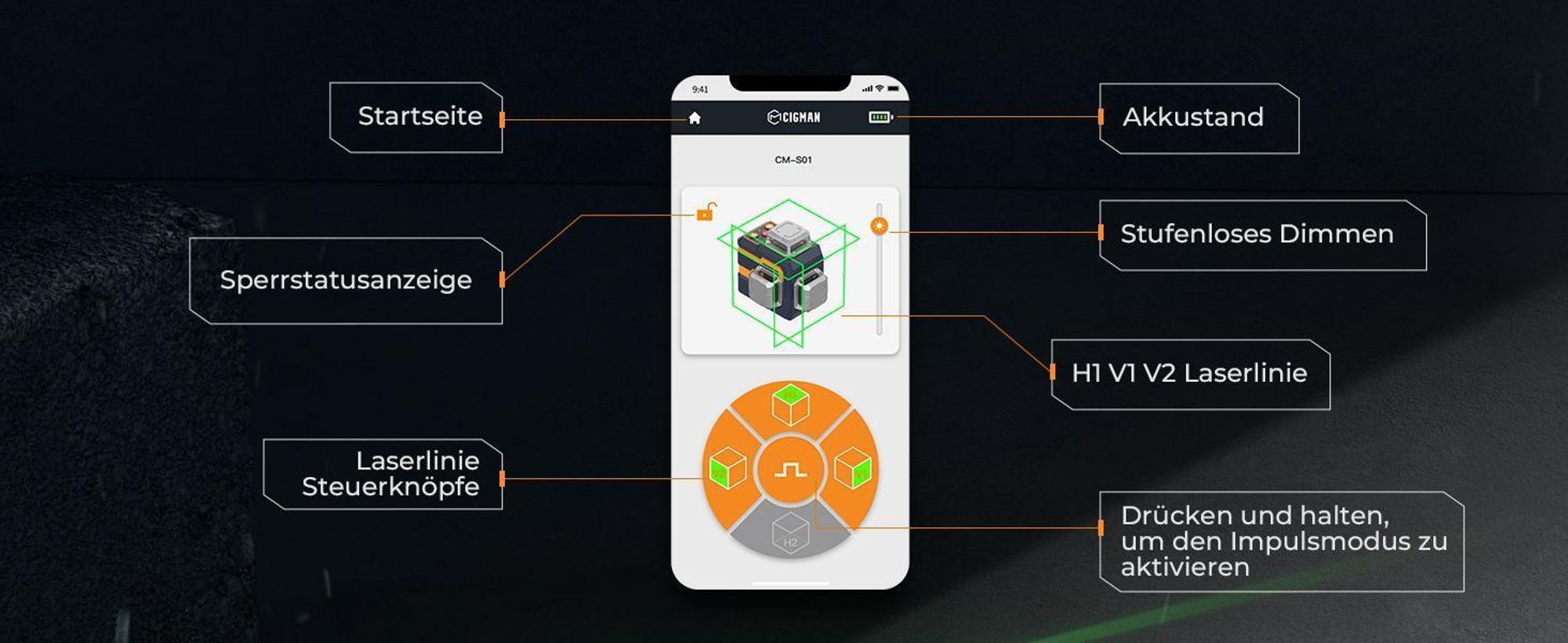 CIGMAN CM-S01 3D laserový nivelační přístroj - 3x360°, ovládání přes APP, zelený laser, IP54
