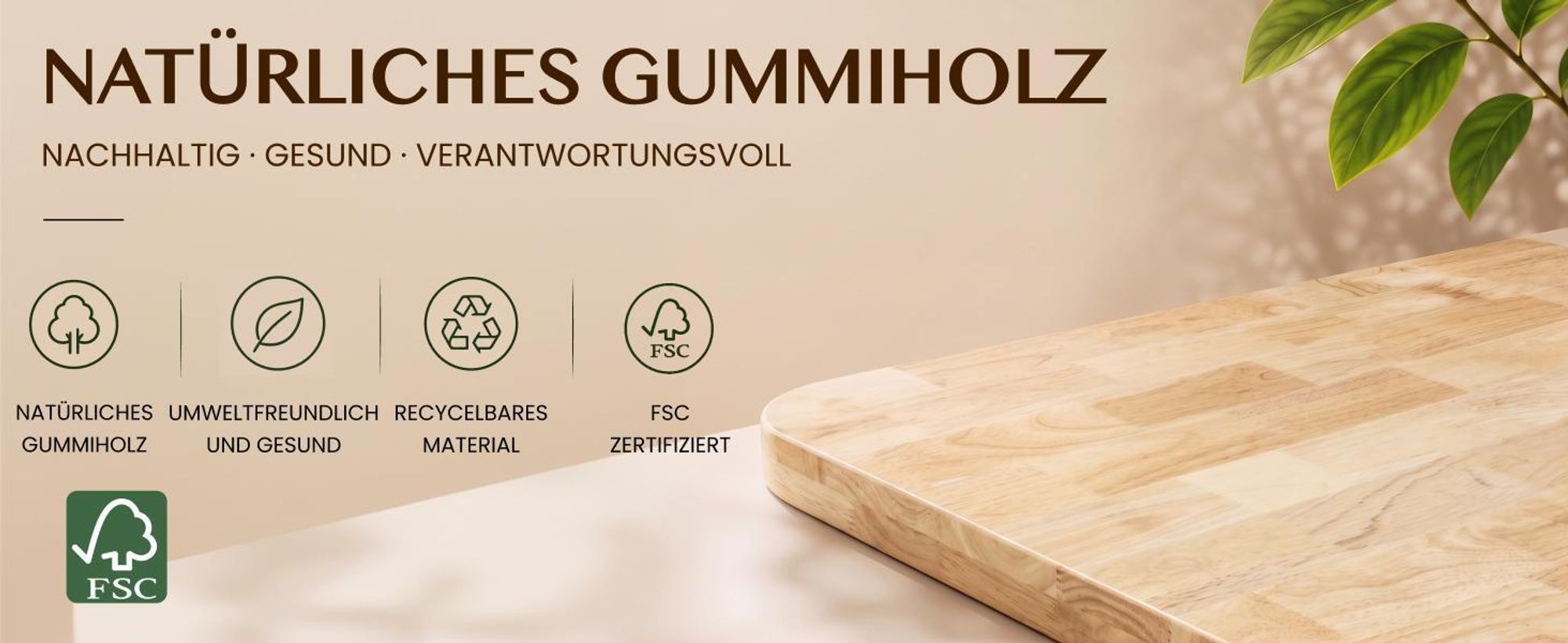 FLEXISPOT Massivholz-Tischplatte aus Gummibaumholz 160x80 cm, 25 mm stark, einteilige Tischplatte mit vorgebohrten Löchern