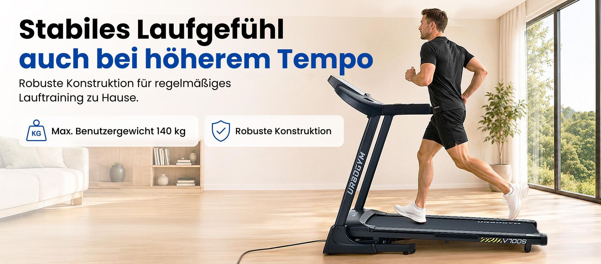 URBOGYM V700S Laufband – 18 km/h, automatische Steigung mit 18 Stufen, Lauffläche 50 × 130 cm, bis 140 kg, klappbar, FITSHOW