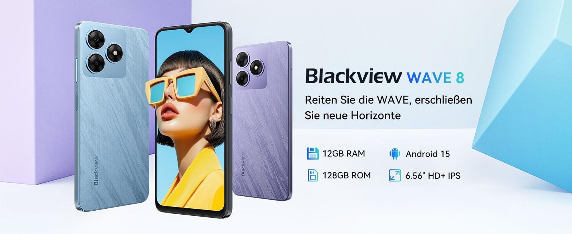 Blackview Wave 8 AI Handy Ohne Vertrag, 6,56" HD+ IPS Display, 12GB+128GB ROM, Octa-Core, 5000mAh, 13MP+8MP, Dual SIM, Face ID,1080P FHD