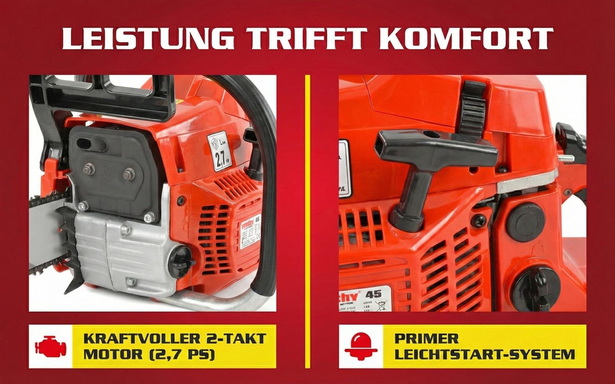 Kettensäge Motorsäge Benzin HECHT 45  | 40 cm Schnittlänge | 2,1 kW / 2,7 PS | Easy-Start | 47 cm Schwert