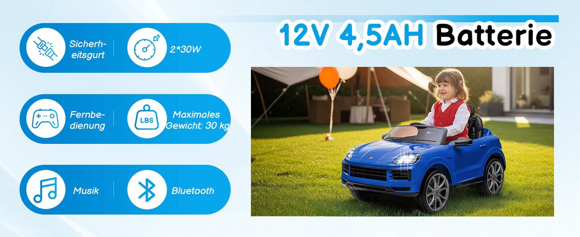 FCH Kinder Elektroauto 12V Kinderauto Elektrisch 2,4G-Fernbedienung, Porsche Cayenne Elektrofahrzeuge mit MP3, Musik, Hupe, LED-Leuchten (Blau)