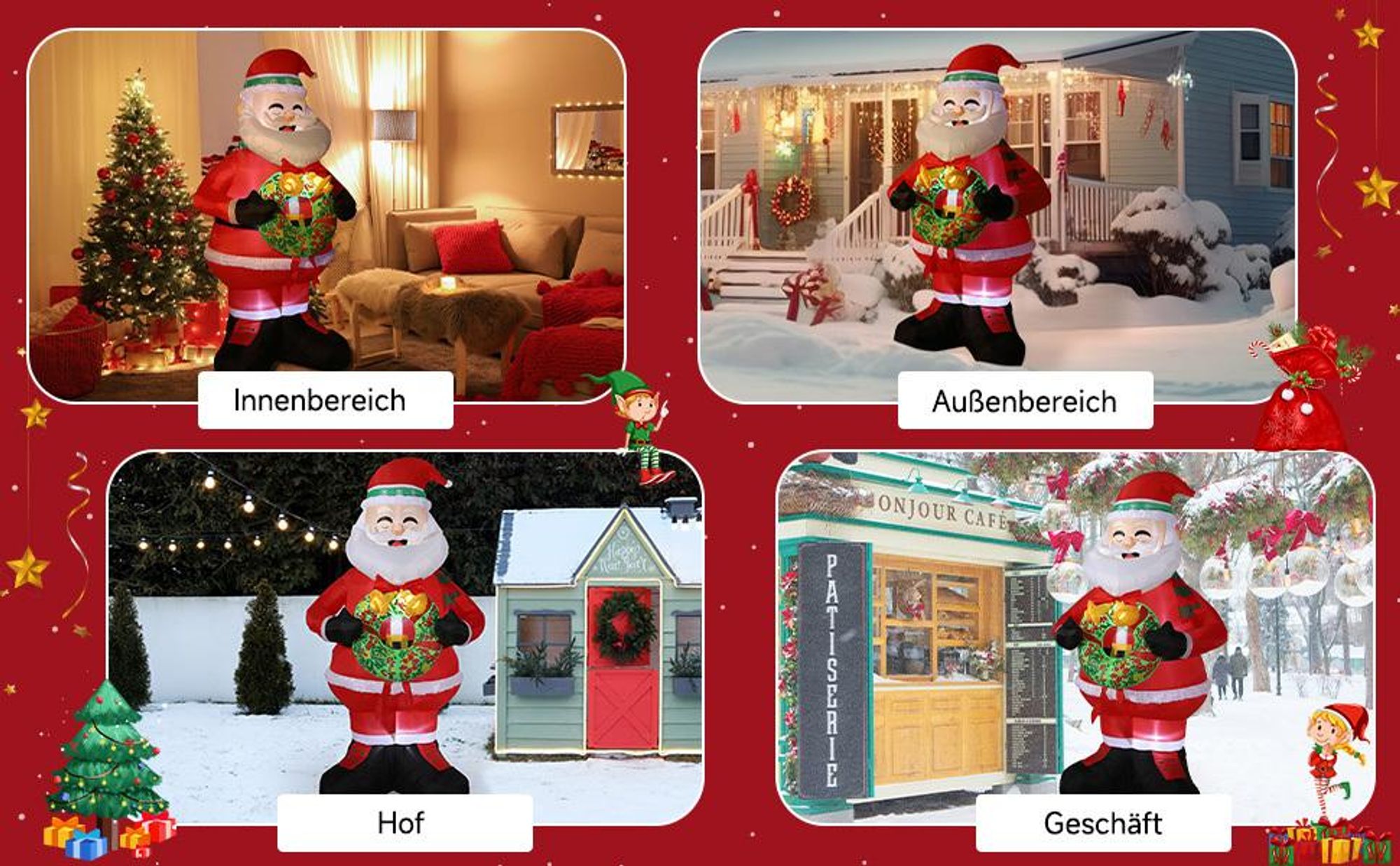 Aufblasbarer Weihnachtsmann 150cm mit Kranz LED Beleuchtung IP44 Außen Weihnachtsdeko Santa Nikolaus Weihnachtsfigur Garten Deko Christmas