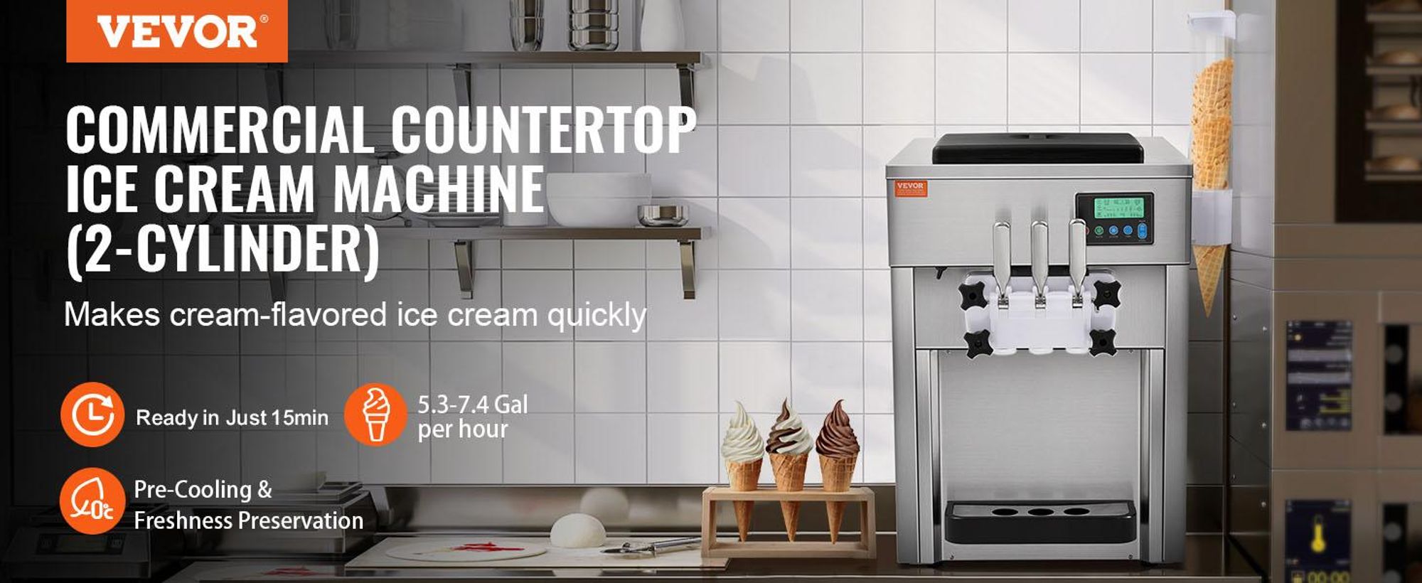 VEVOR Kommerzielle Eismaschine, 1800 W, 3-Geschmacksrichtungen, Softeismaschine Arbeitsplatte, 2 x 4 L Trichter, 2 x 1,8 L Zylinder, LCD-Bildschirm, Automatische Reinigung, Vorkühlung