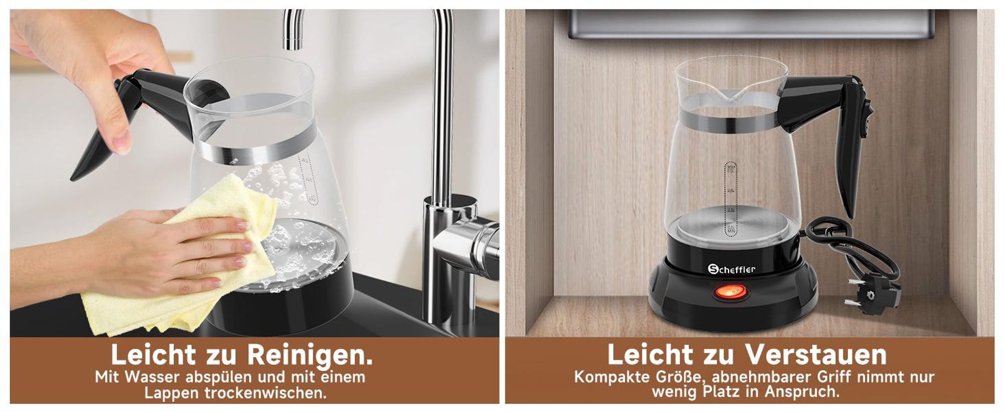 SCHEFFLER Türkische Kaffeemaschine Elektrischer 500ml Glas Kaffeekocher Mokka Kaffeekanne Espressokocher Mit Überhitzungsschutz 304 Edelstahl