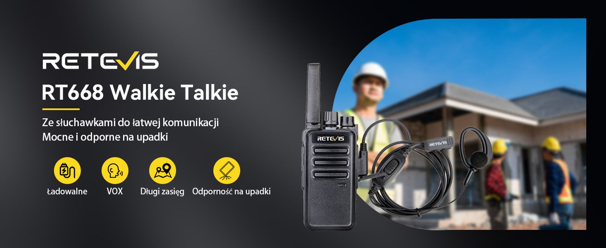 Radiotelefon Retevis RT668 z zestawem słuchawkowym PMR446 Bezpłatna licencja VOX Squelch Akumulatorowy 16-kanałowy skaner CTCSS/DCS TOT dwukierunkowy radiotelefon dla bezpieczeństwa na budowie w szkole (czarny, 4 szt.)