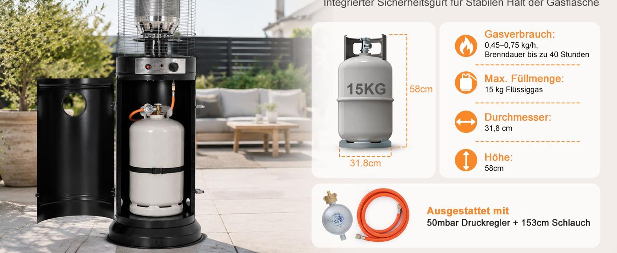 ZMH Plynový vonkajší ohrievač 10kW terasový žiarič Ø46x136 cm s kolieskami plynová fľaša 15kg vykurovací hríb s ochranným obalom balkón záhrada