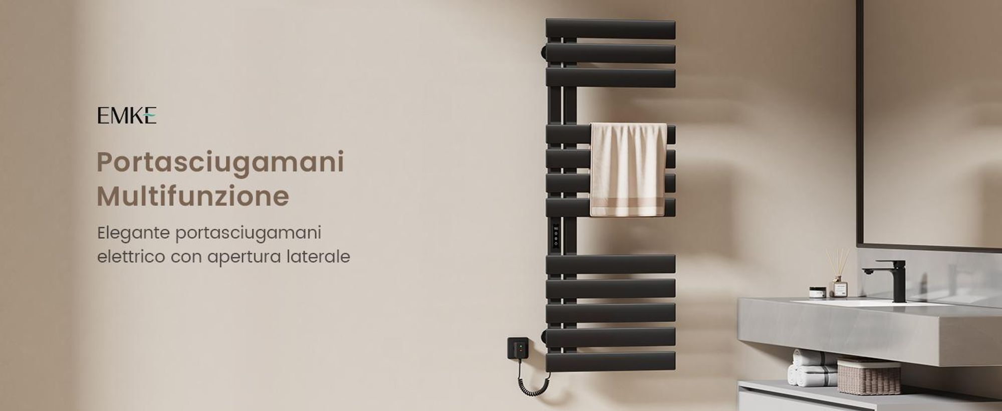 EMKE Scaldasalviette elettrico 850X400mm 230W nero, intelligente WiFi App, touch LCD, Timer 1-9H, IPX5